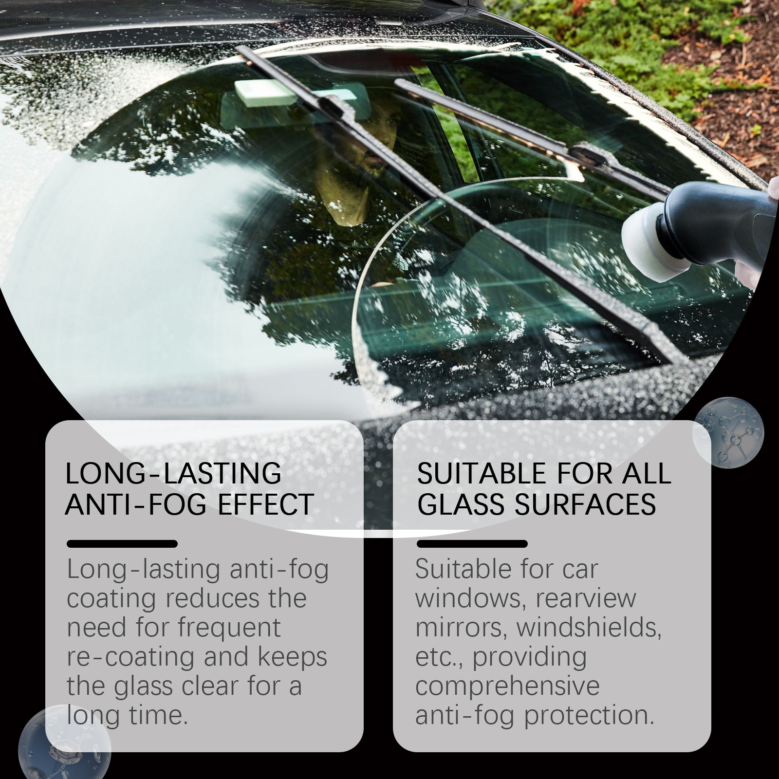 Car windshield treated near wiper with water droplets