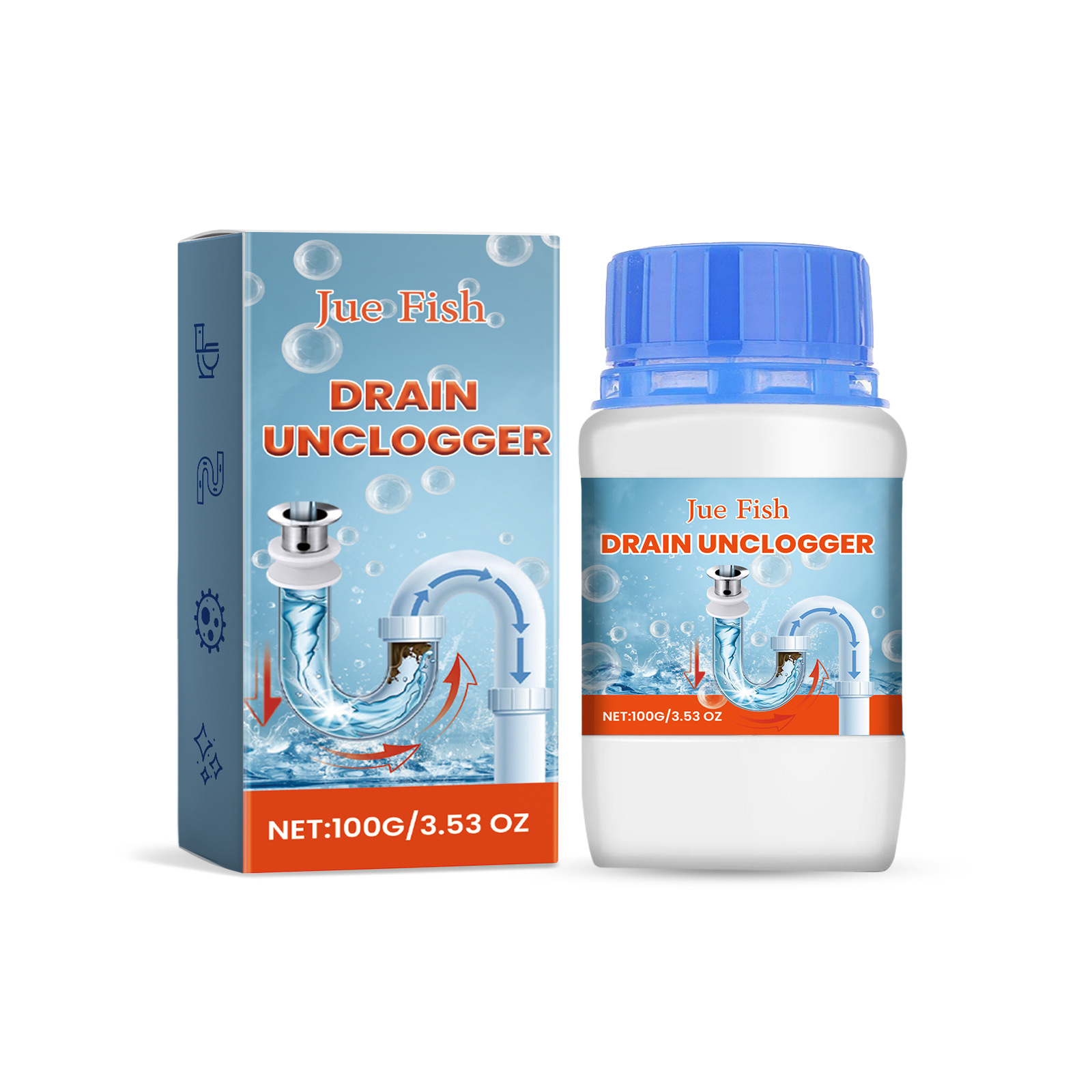 Drain unclogger label with illustrated pipe flow graphics
