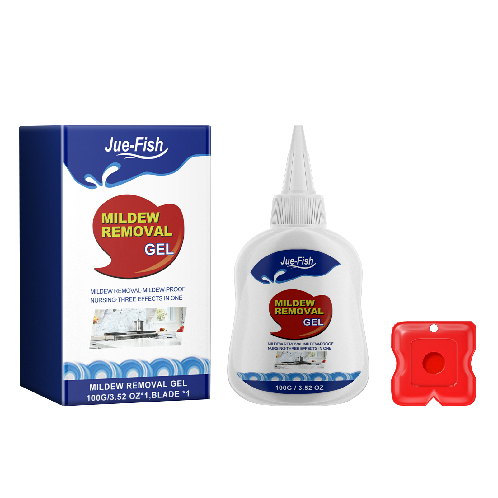 Red scraper beside boxed mildew removal gel set