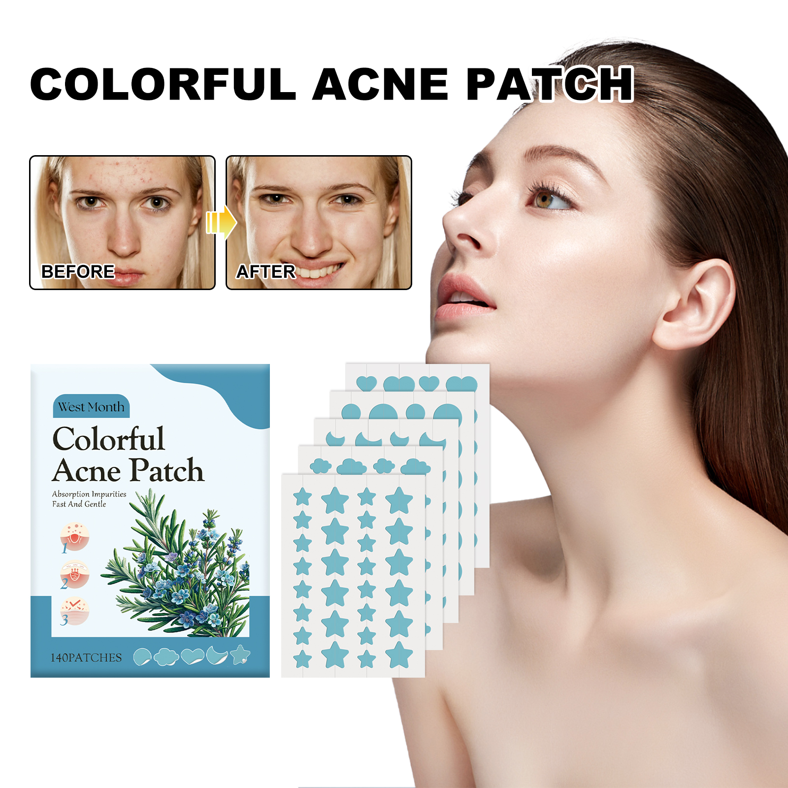 Colorful acne patch shown on facial blemish