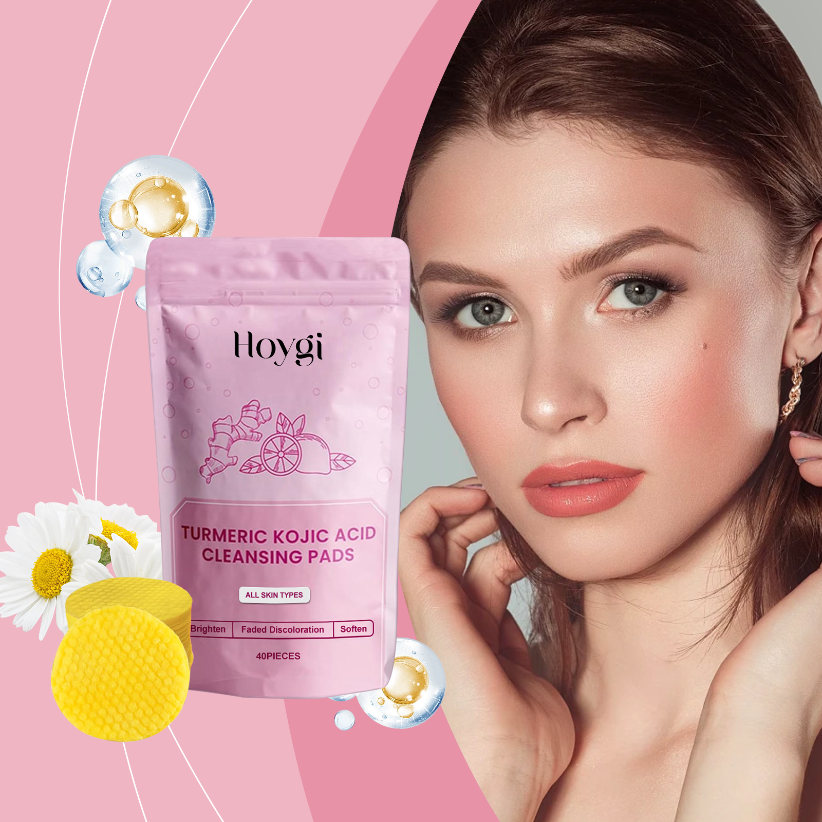 Cleansing pouch styled with flowers and skincare props