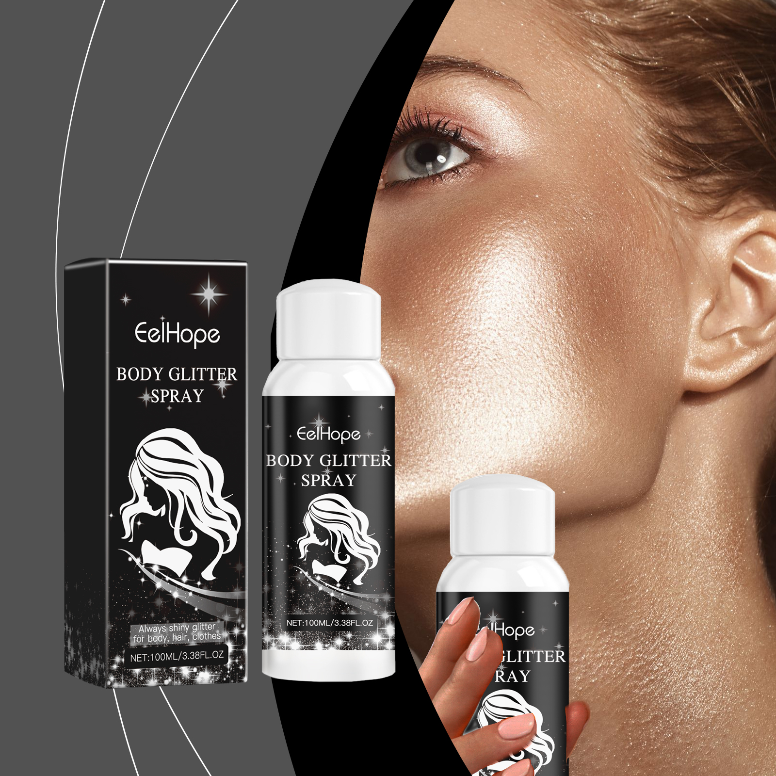 Radiant glittering skin with body spray in hand