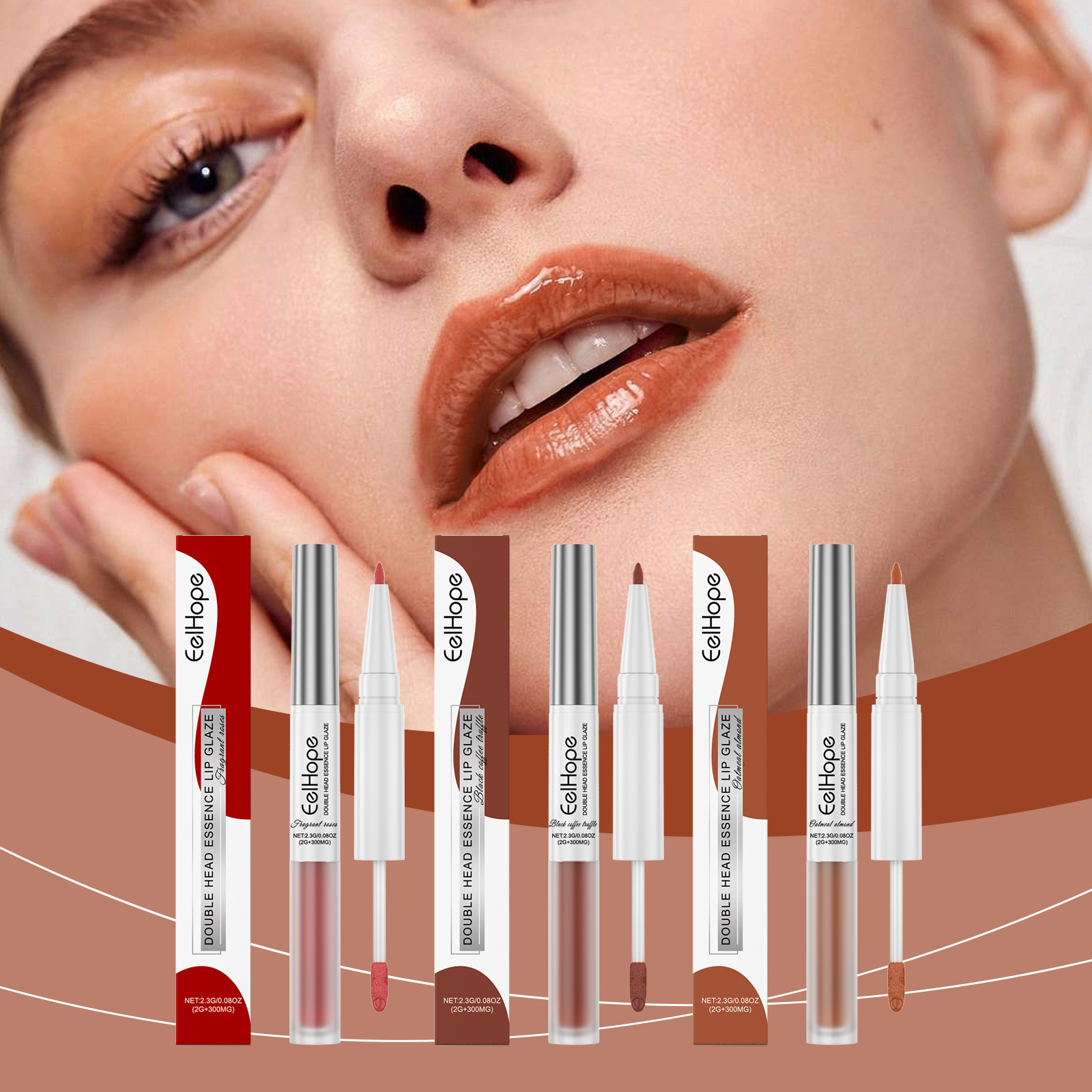 Glossy terracotta lips with coordinated lip shades