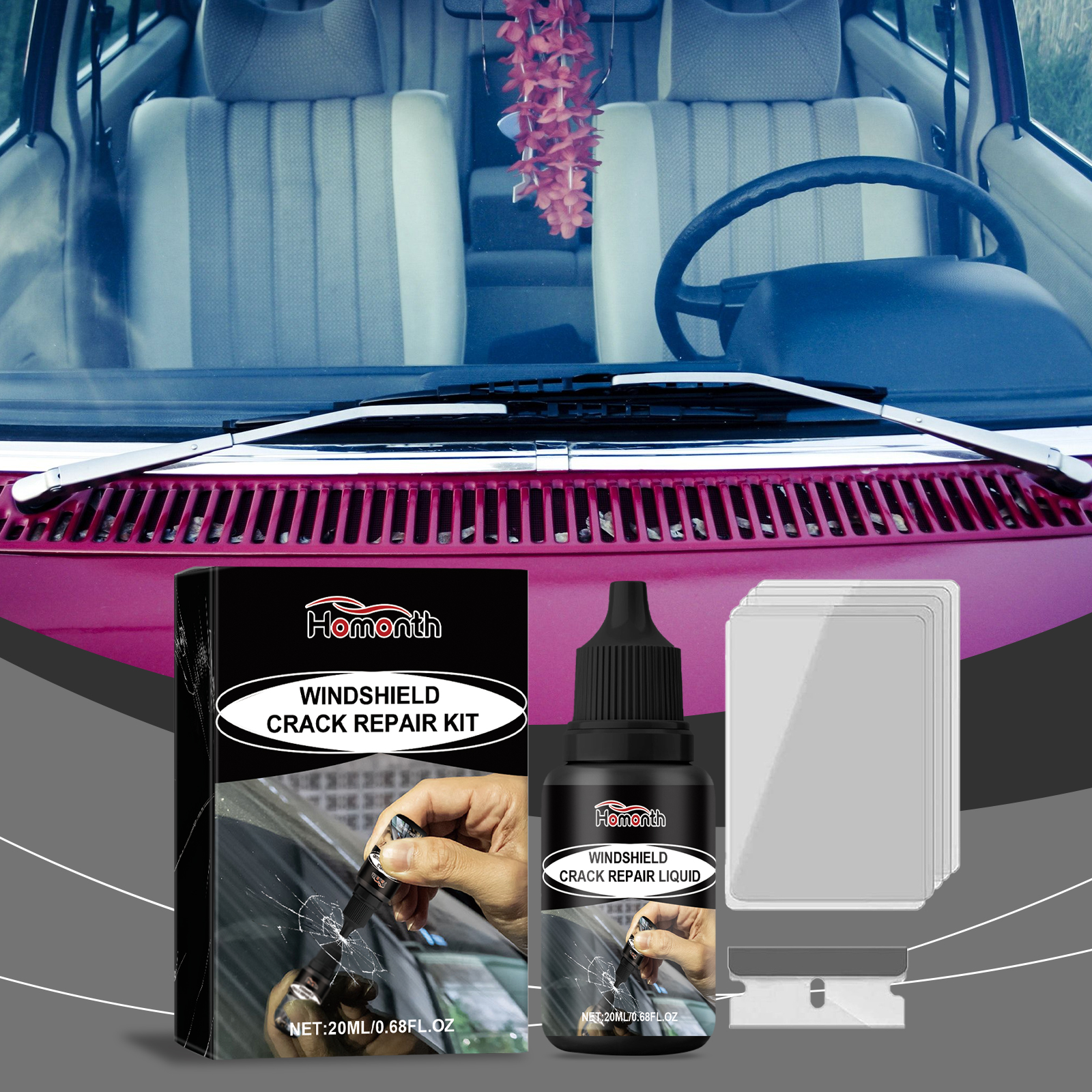 Compact windshield repair kit beside a vehicle