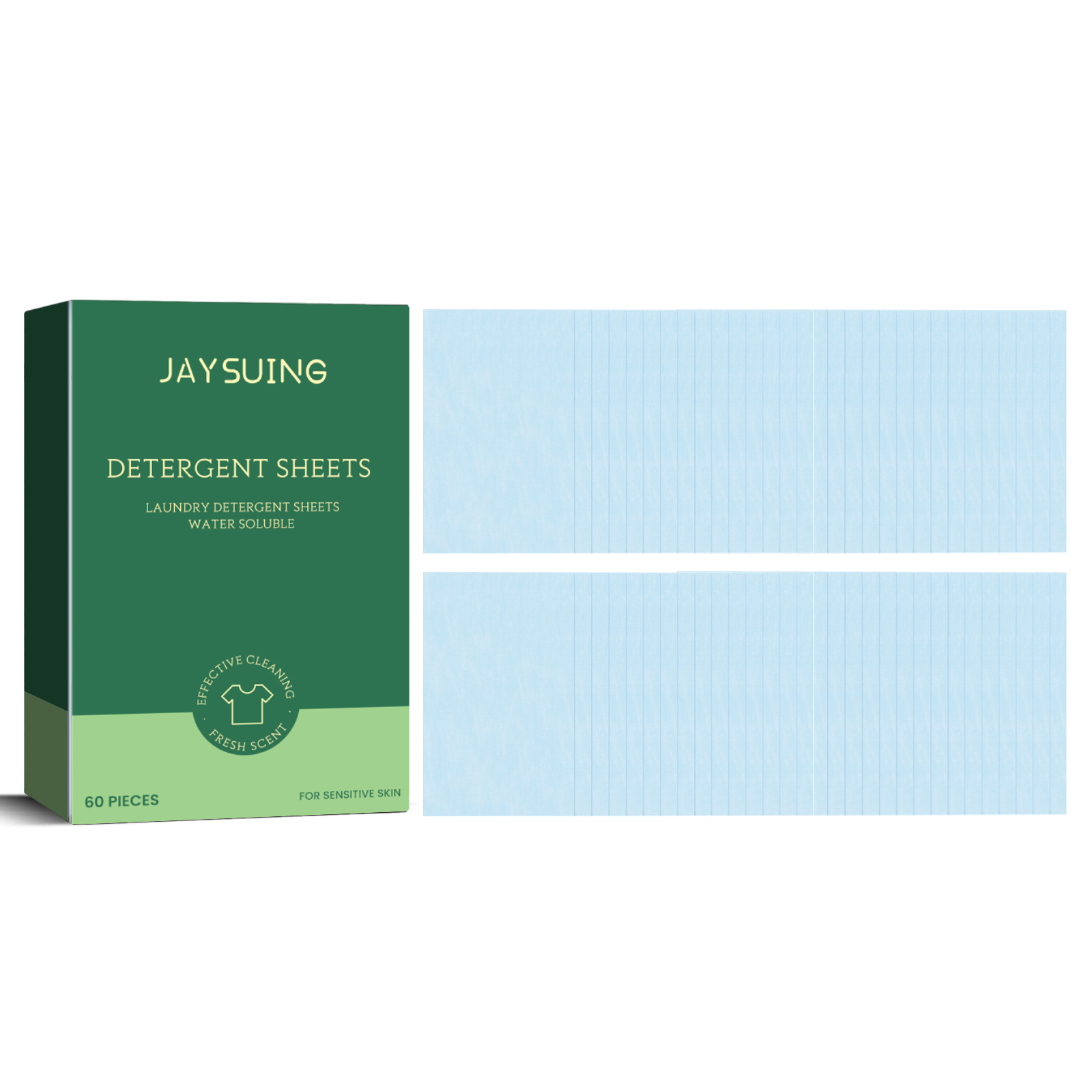 Jaysuing carton and separated pale-blue detergent sheet