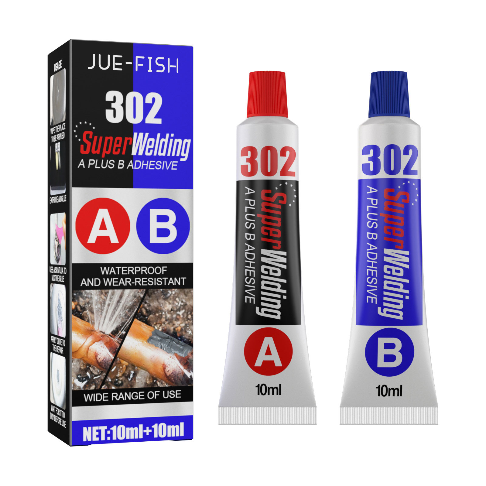 Separate red and blue capped adhesive tubes