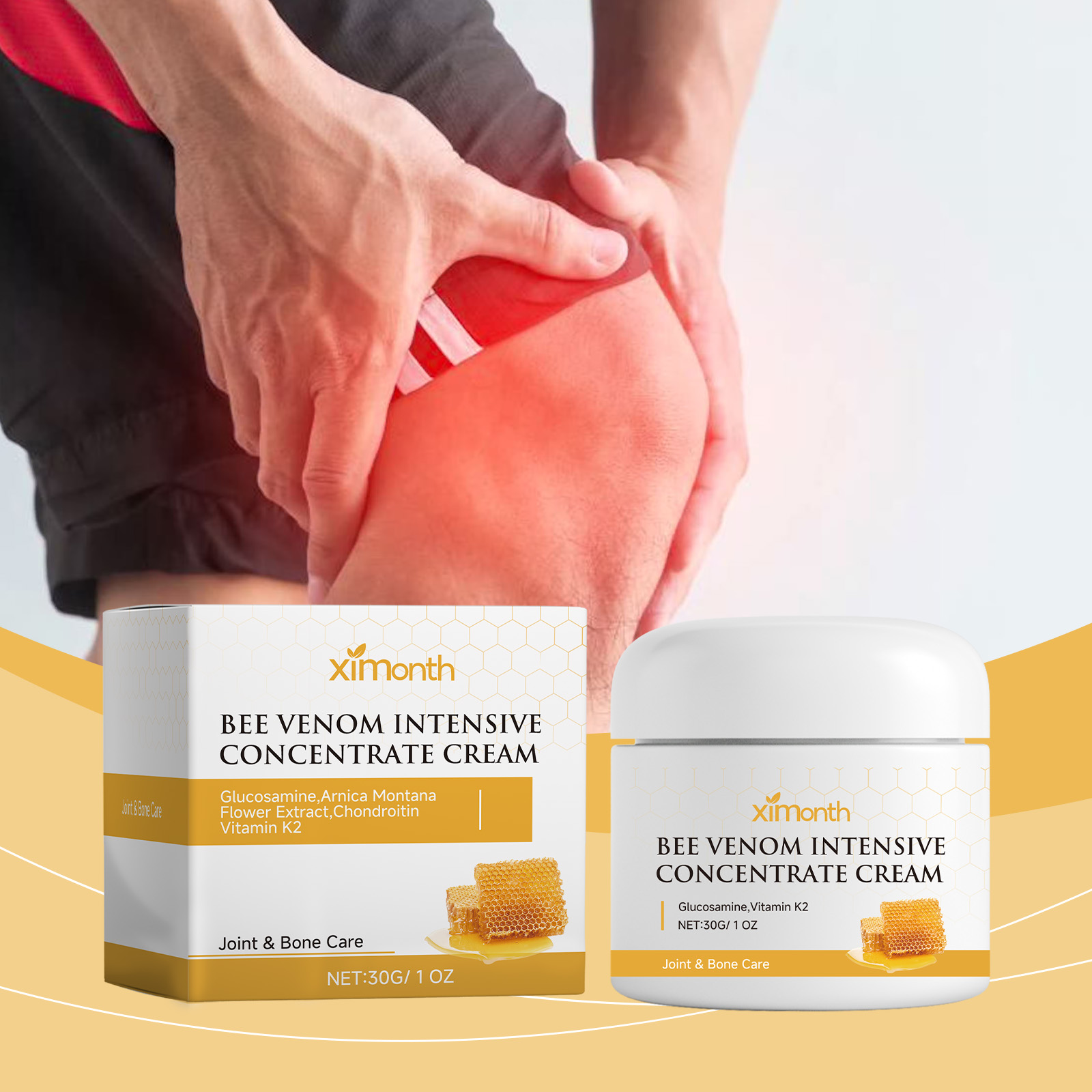 Topical cream shown beside sore knee