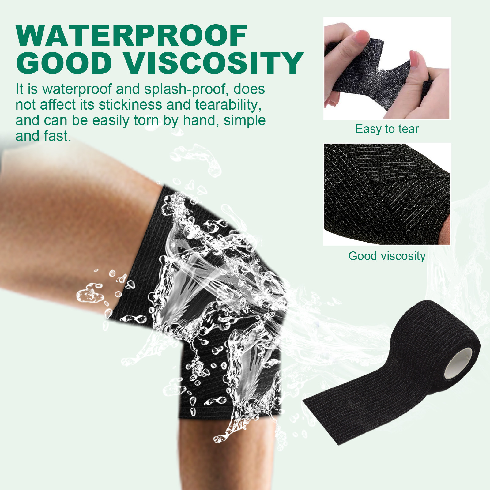 Hands tearing black woven elastic bandage by hand