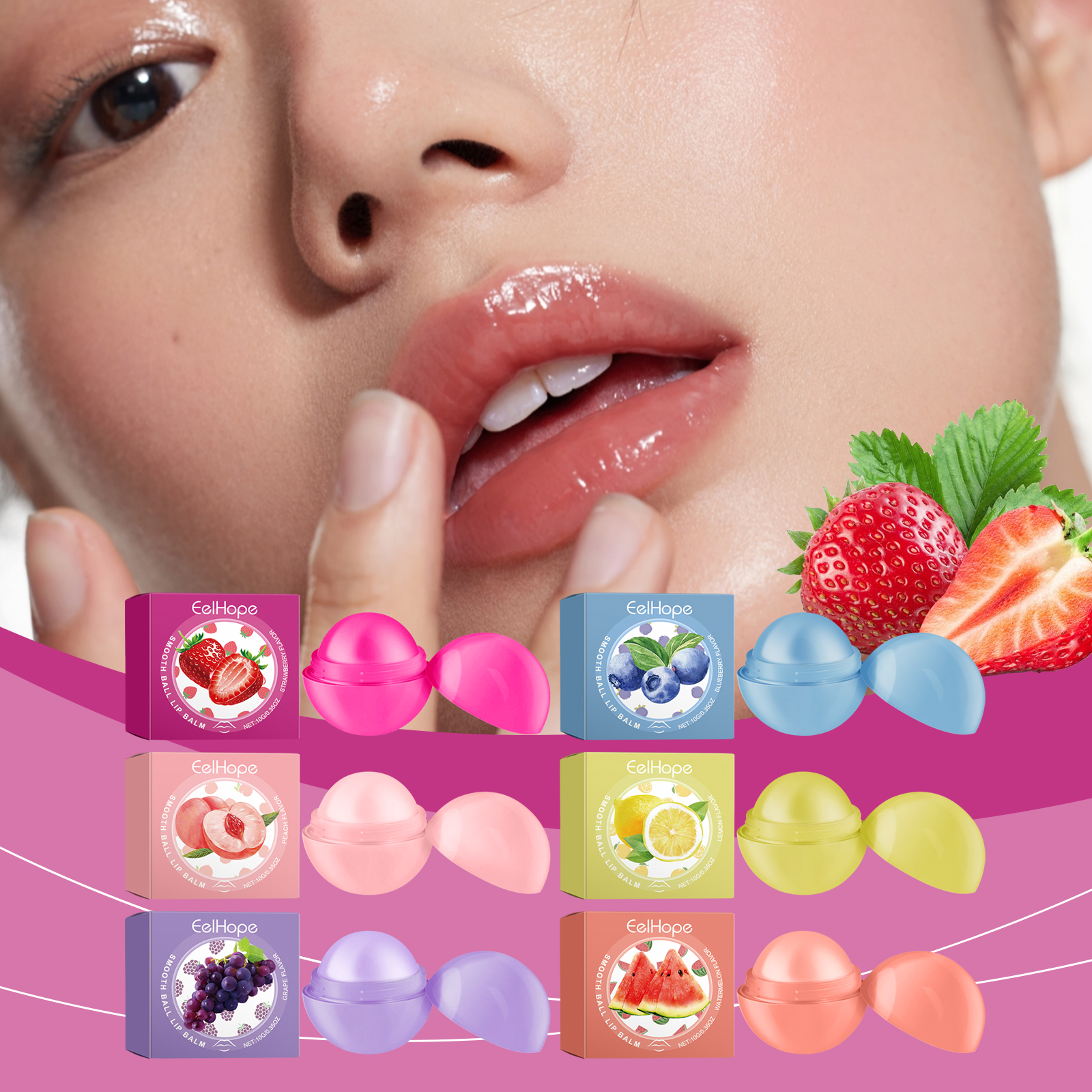 Glossy lips shown with colorful portable lip balms
