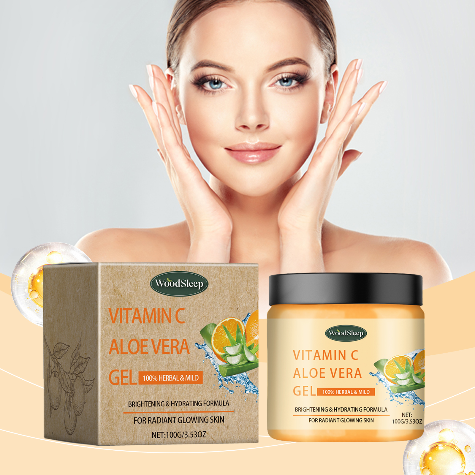 Woman beside Vitamin C Aloe Vera gel packaging