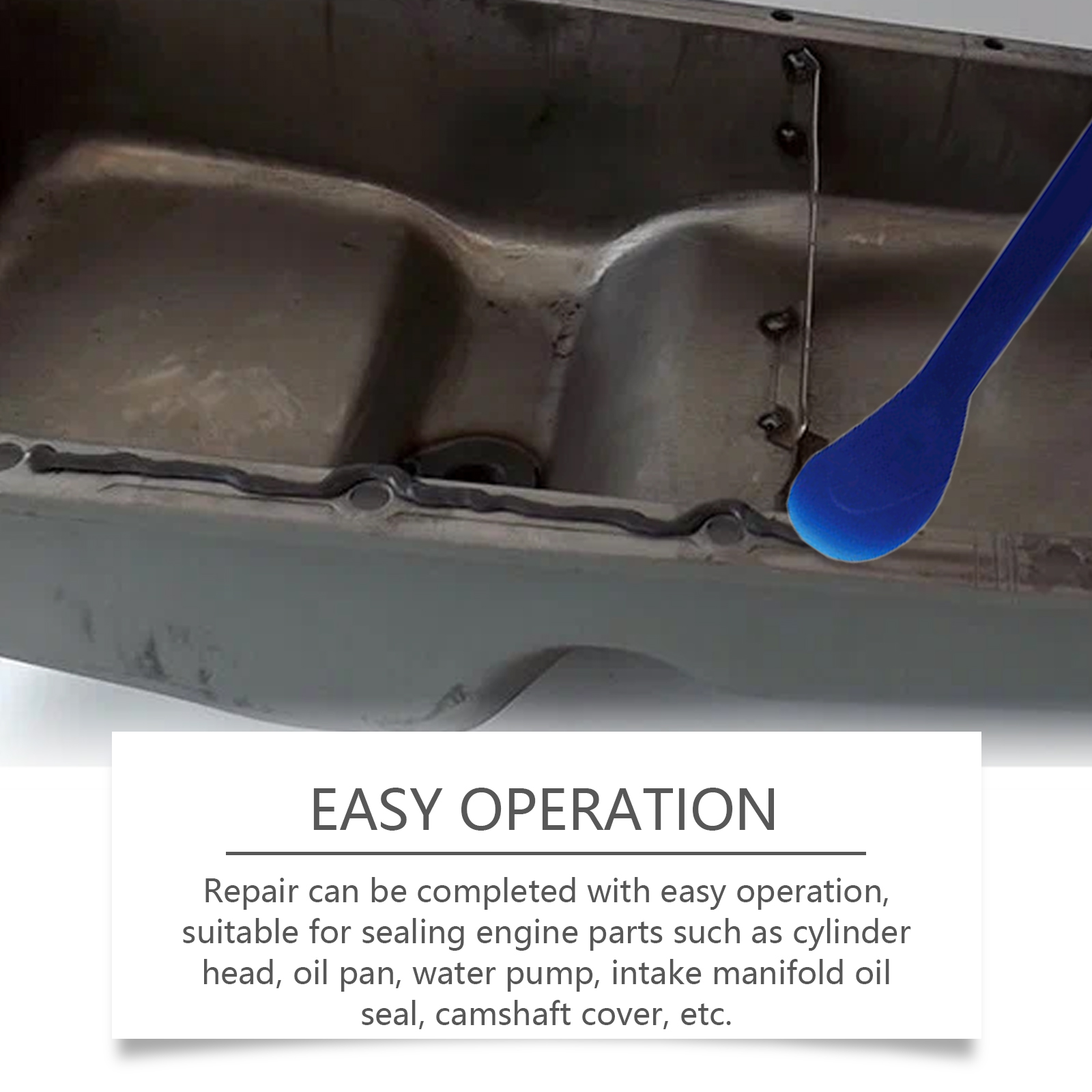 Blue spreader smoothing black sealant along engine gasket channel