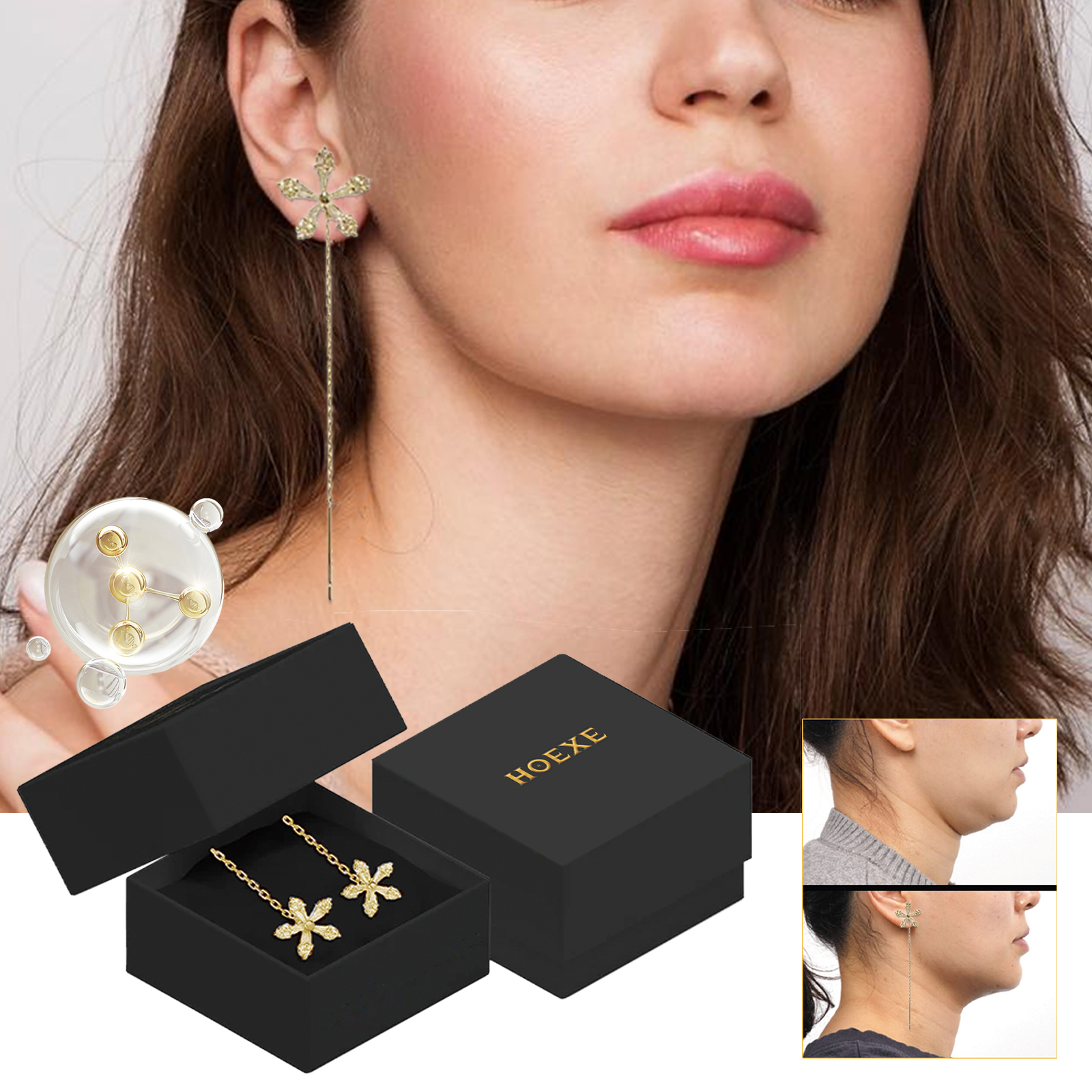 Long gold-tone chain earring worn beside cheek