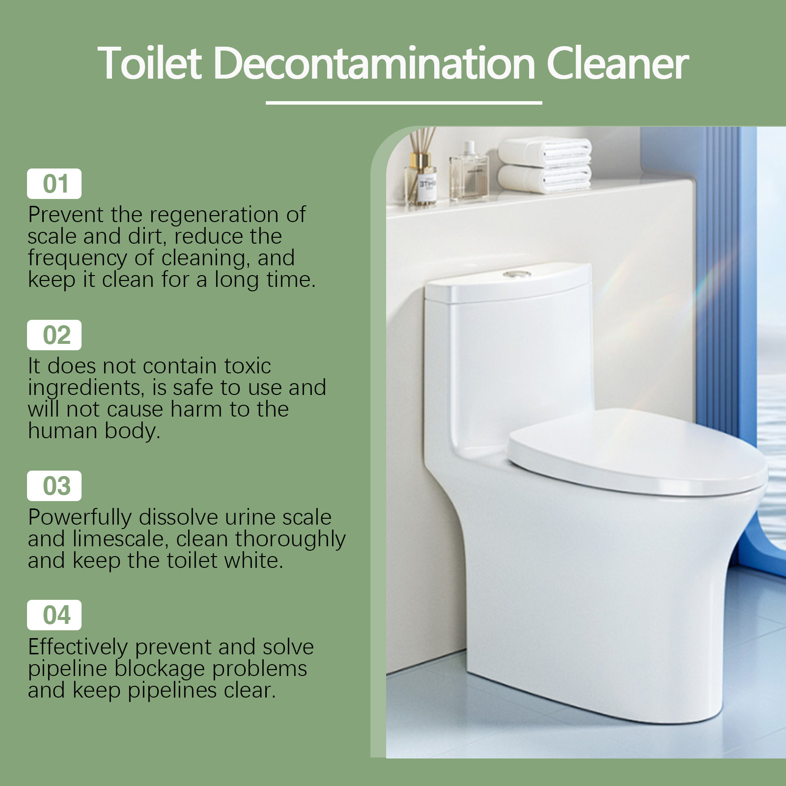 Toilet cleaner product beside clean white toilet