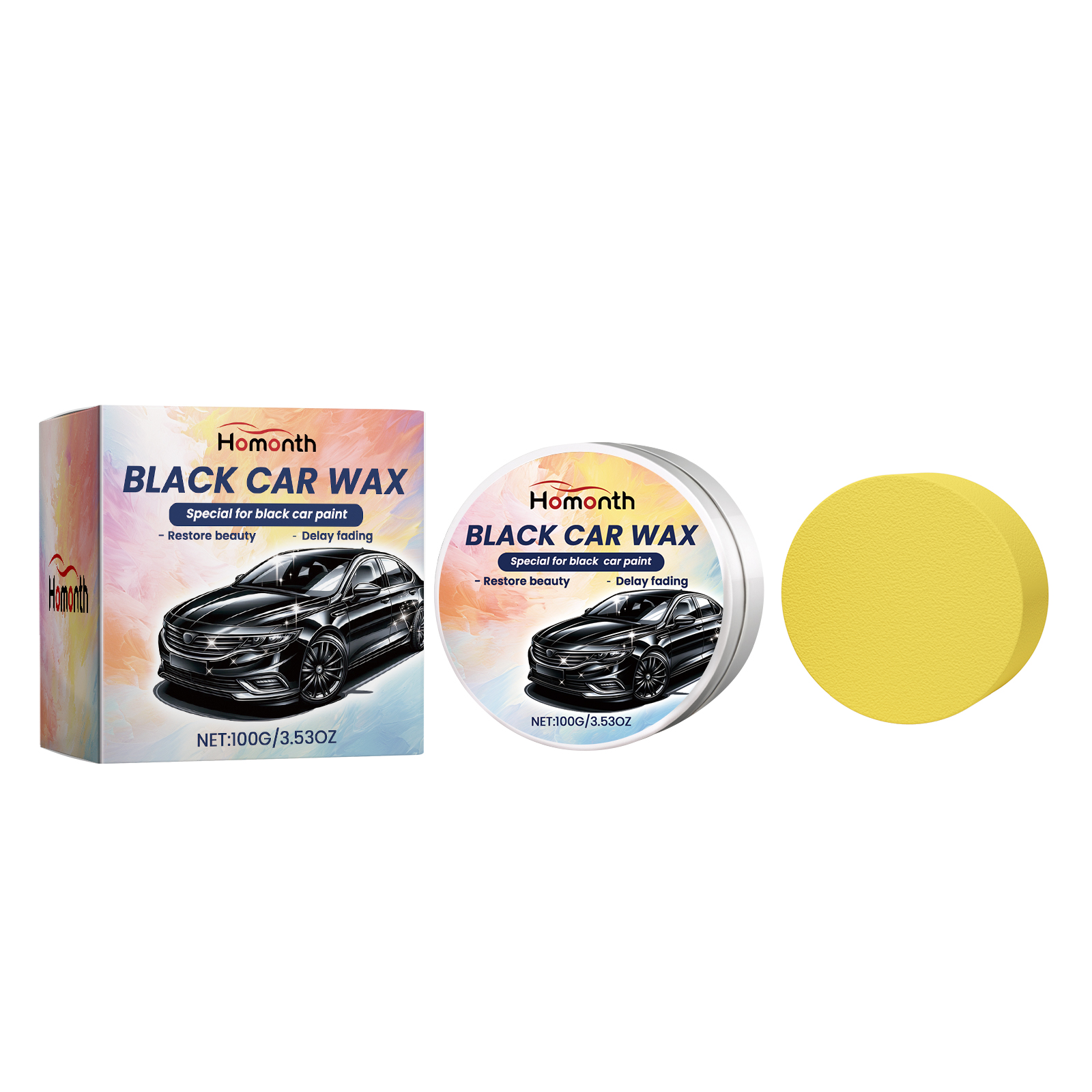 Black-car wax formula beside polishing sponge