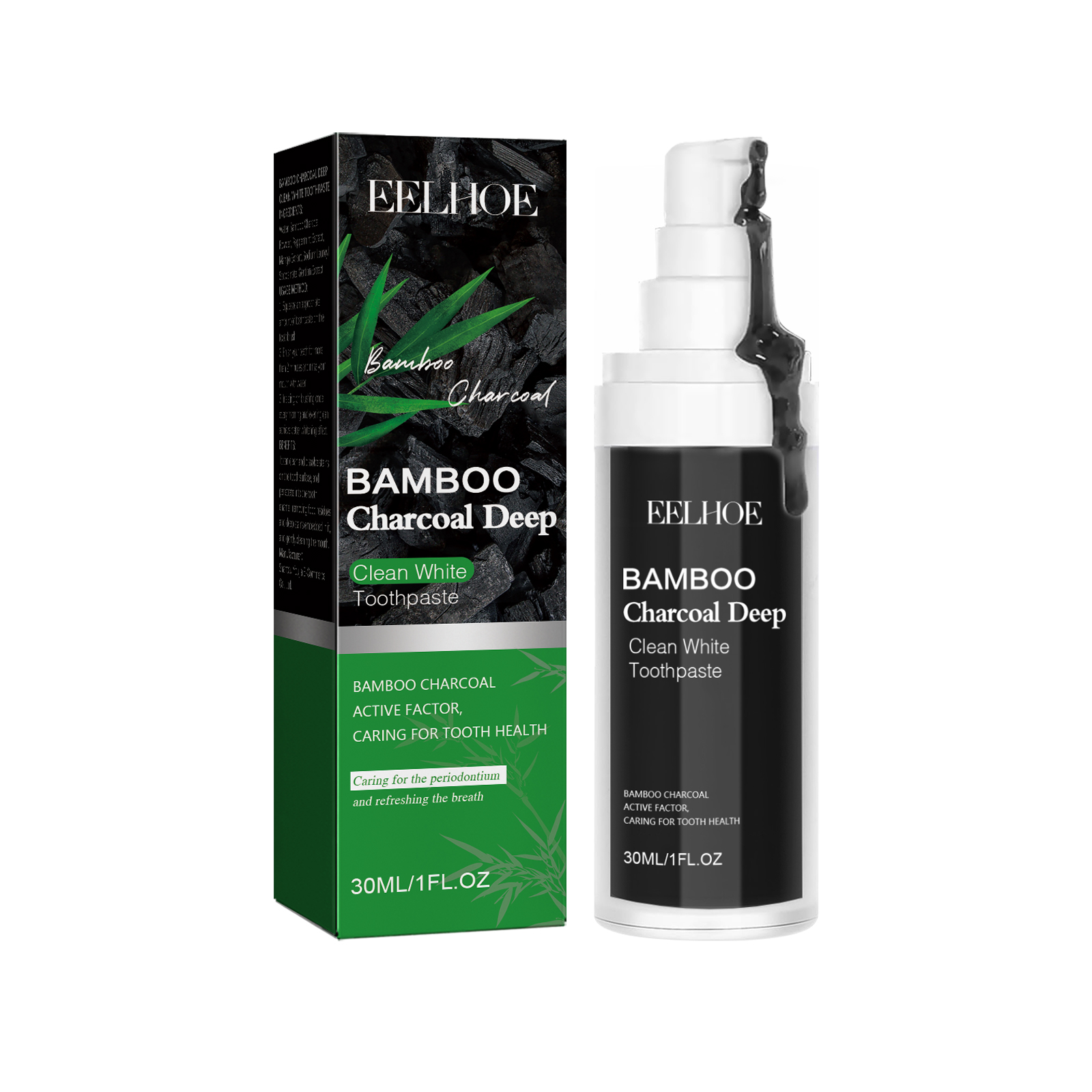 Compact charcoal toothpaste bottle and retail carton