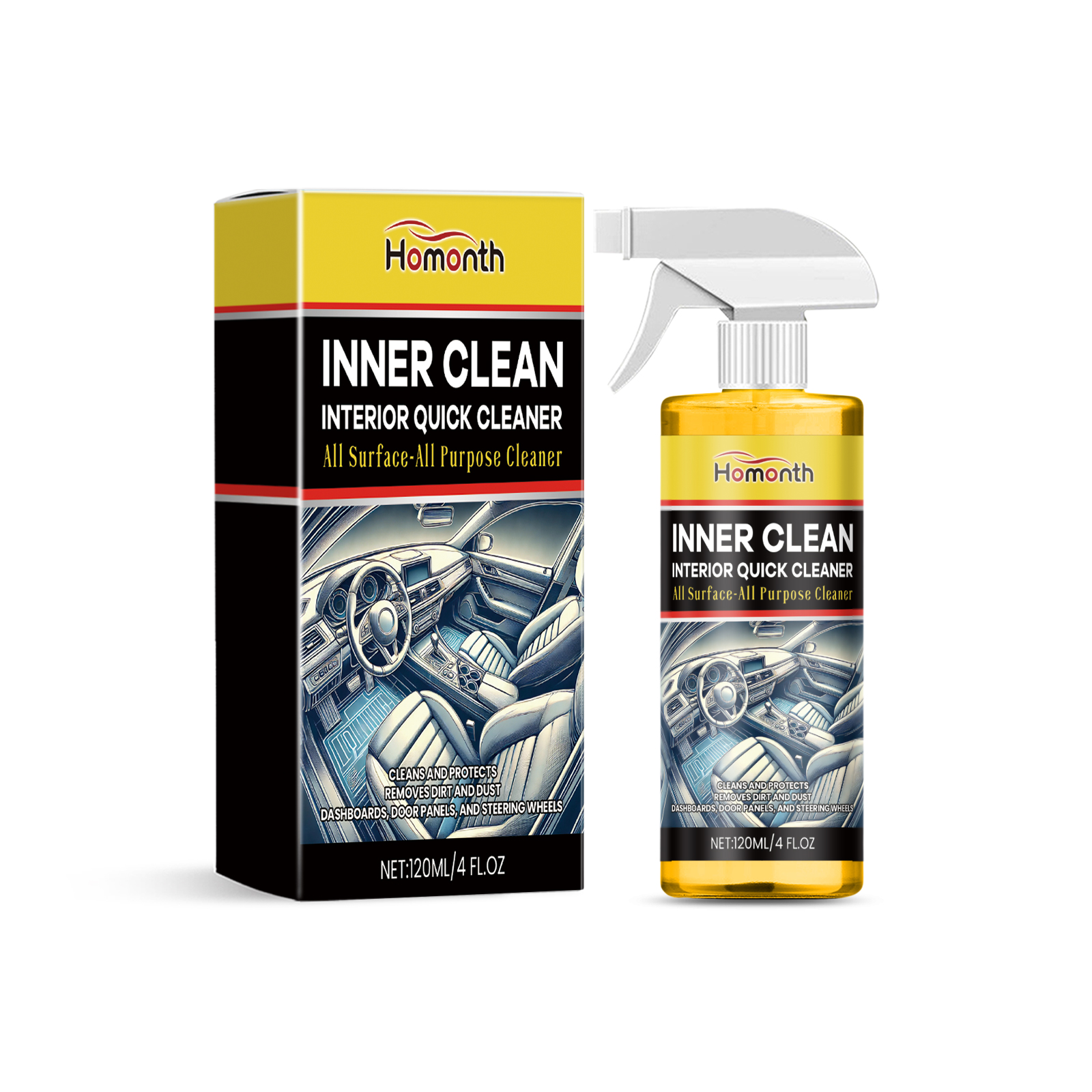 Homonth cleaner bottle and carton for interior detailing