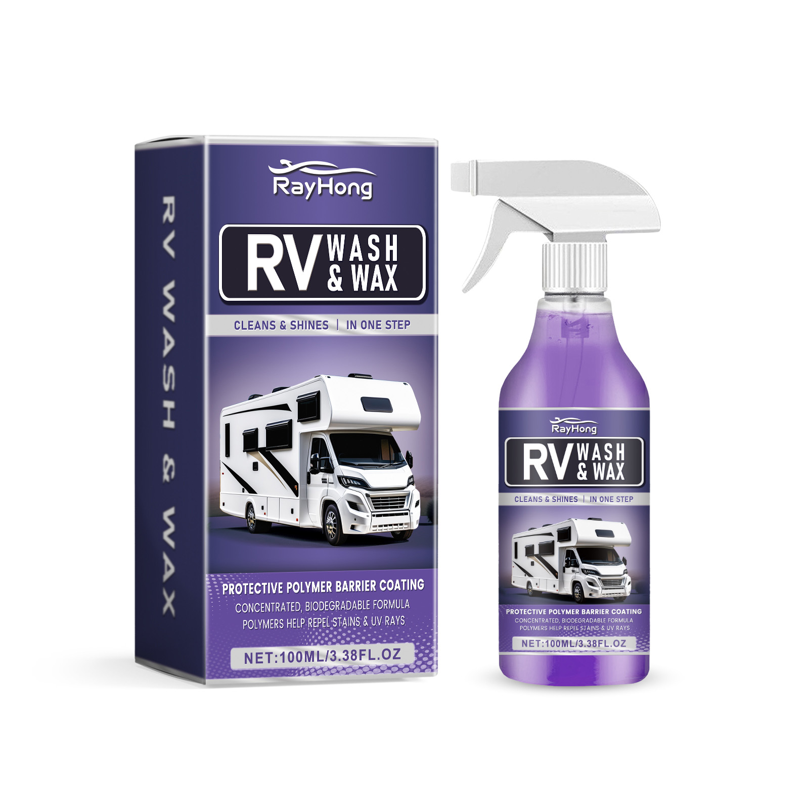 RV cleaner carton showing wax-preserving surface claim