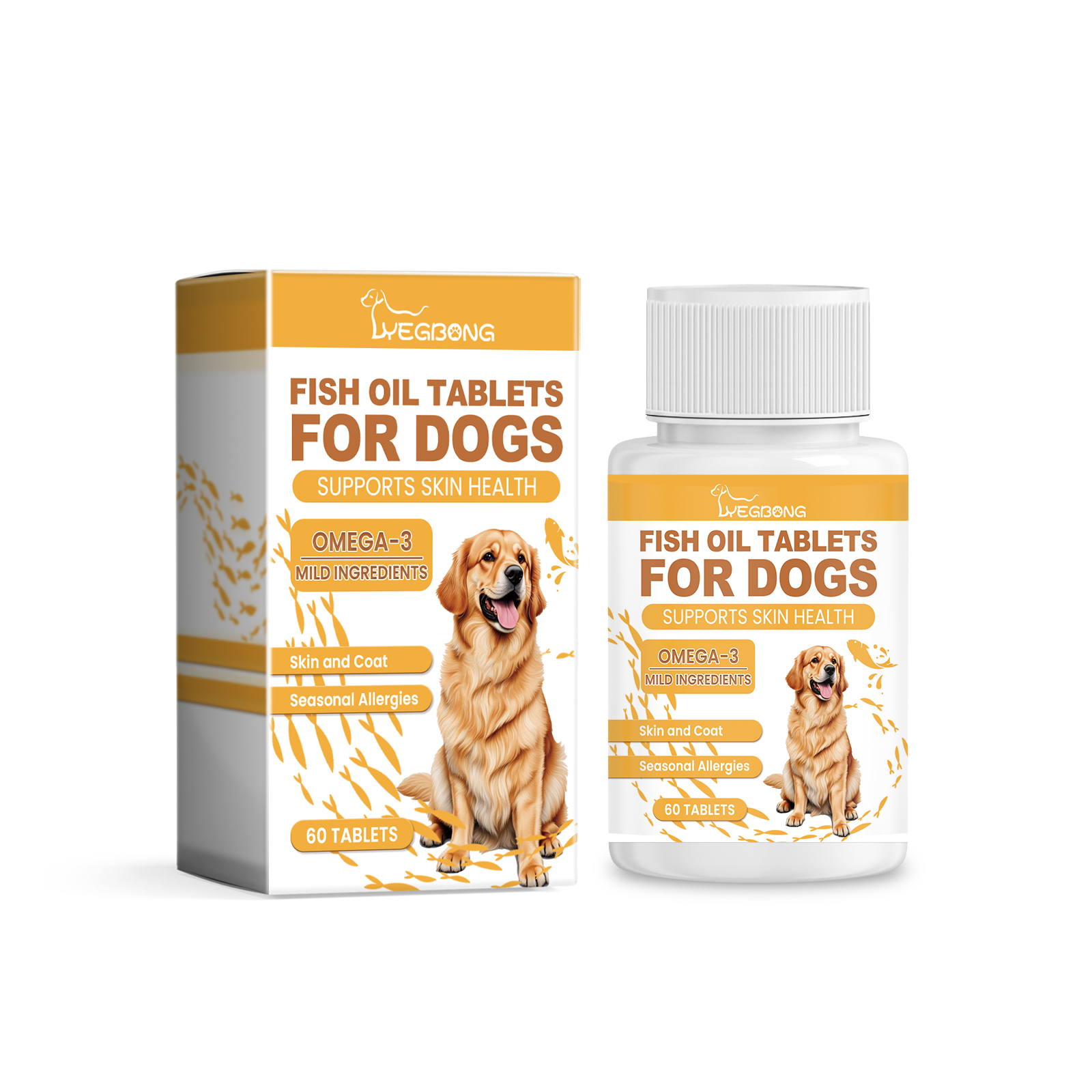 Front view of dog fish oil bottle and carton