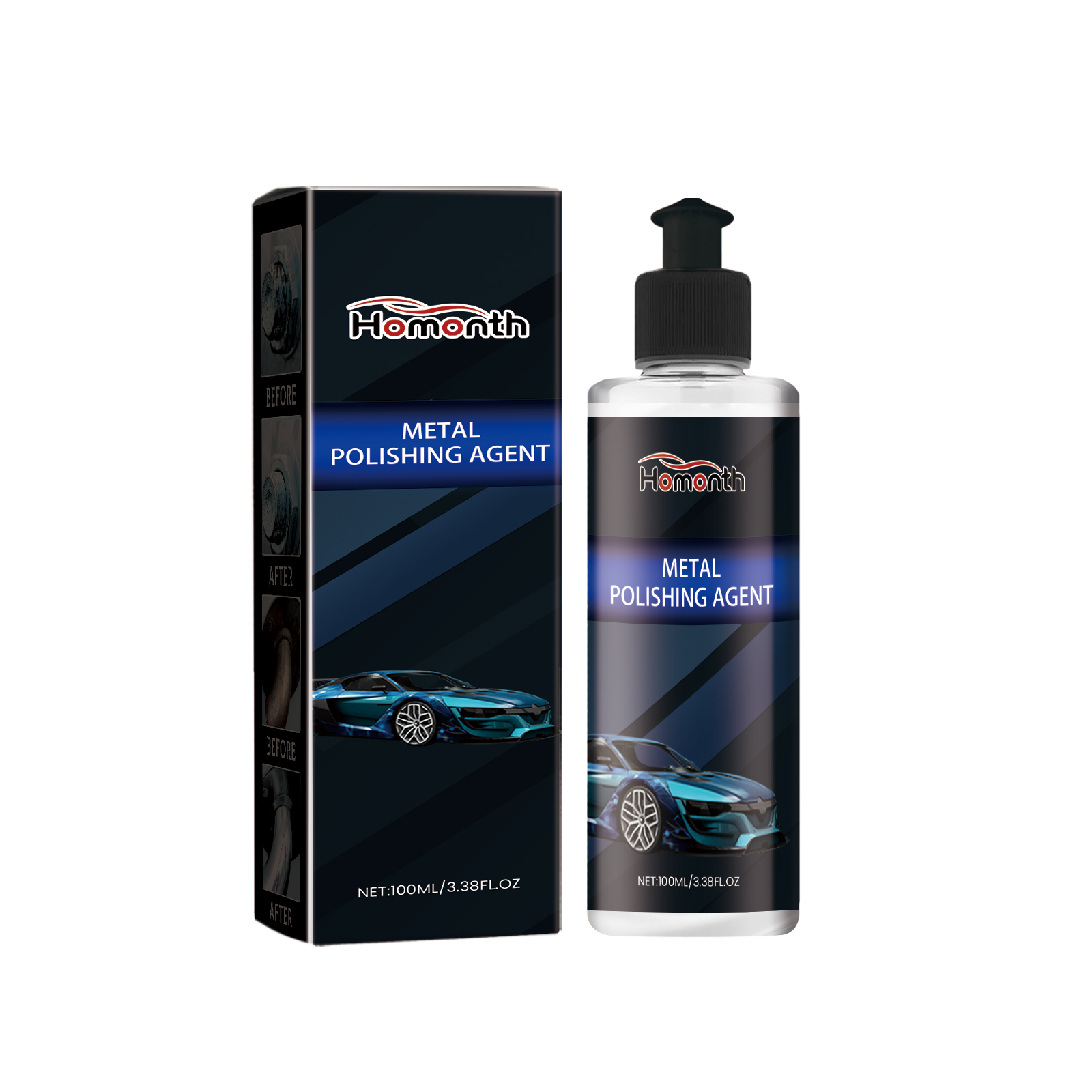 Black pump dispenser on liquid metal polish bottle