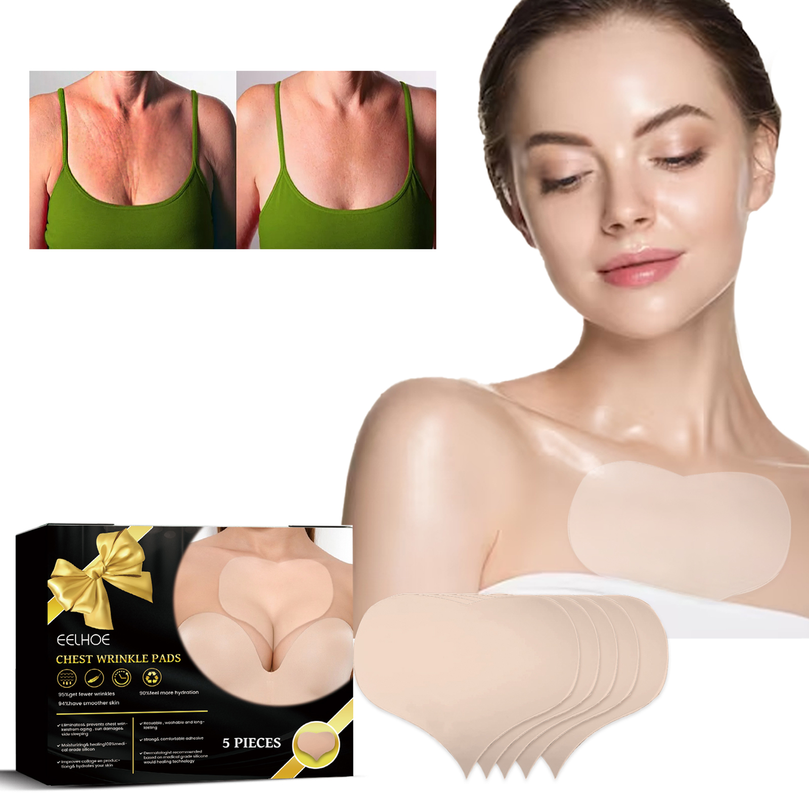 Woman wearing a nude patch over visibly creased cleavage skin