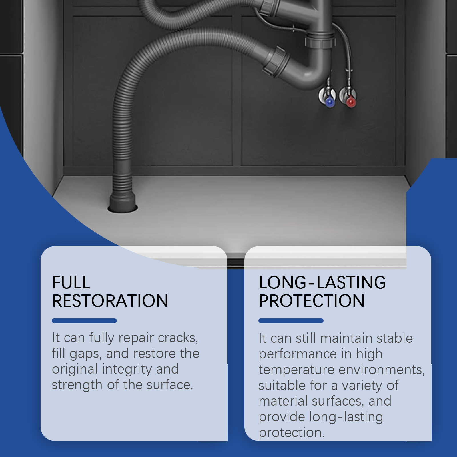 Putty repair claims shown beside pipe background