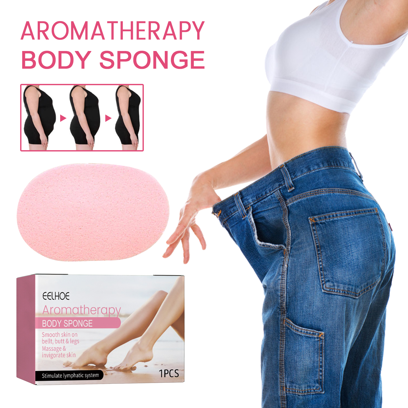 Pink body sponge shown for cleansing and massage
