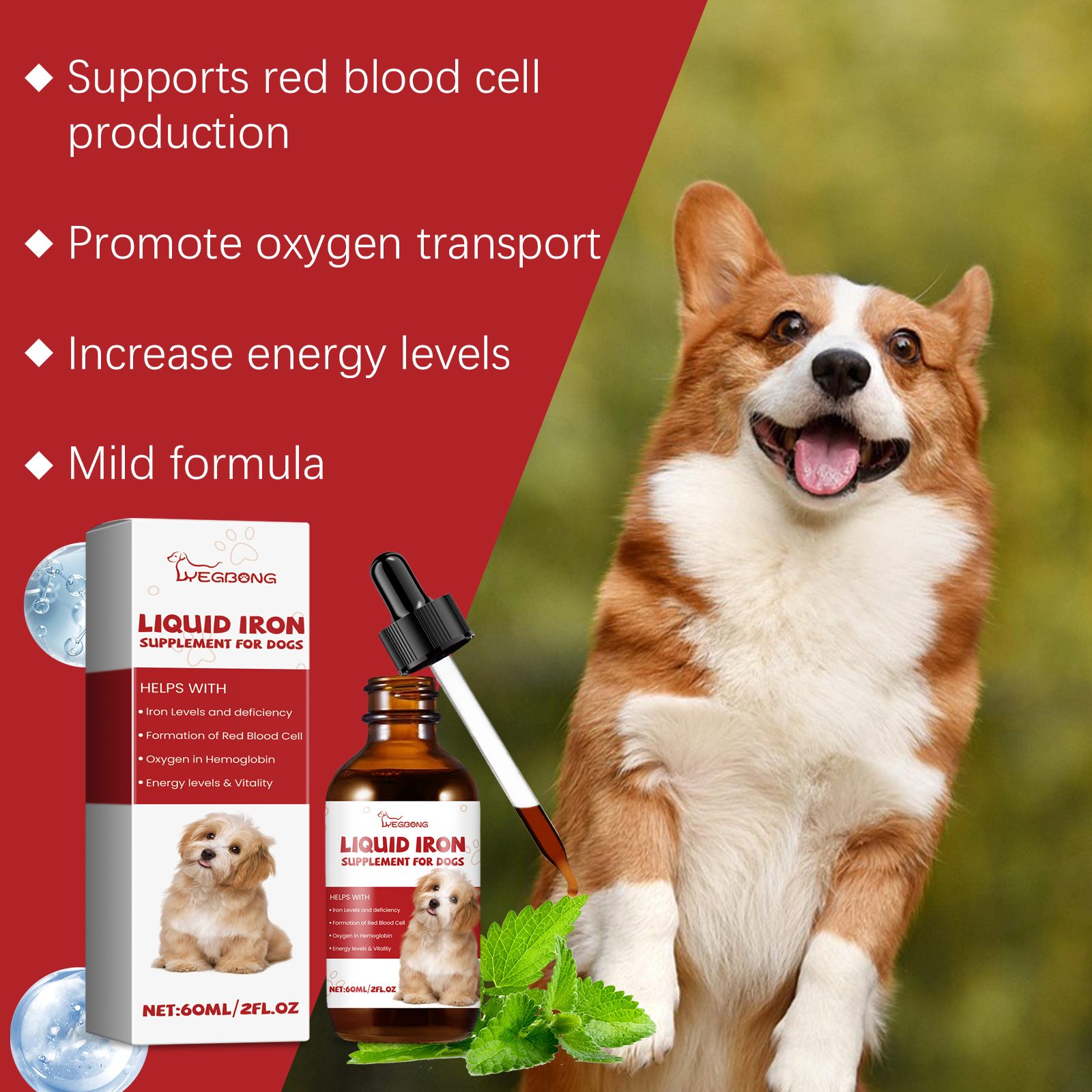 Amber bottle and carton beside dog for daily care