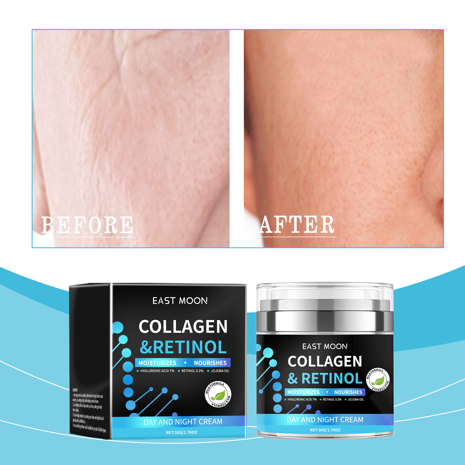Collagen retinol cream carton beside facial texture image