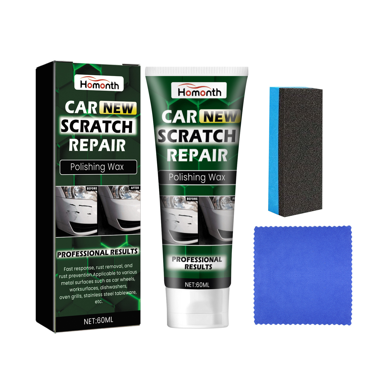 Boxed polishing wax kit with sponge and microfiber cloth