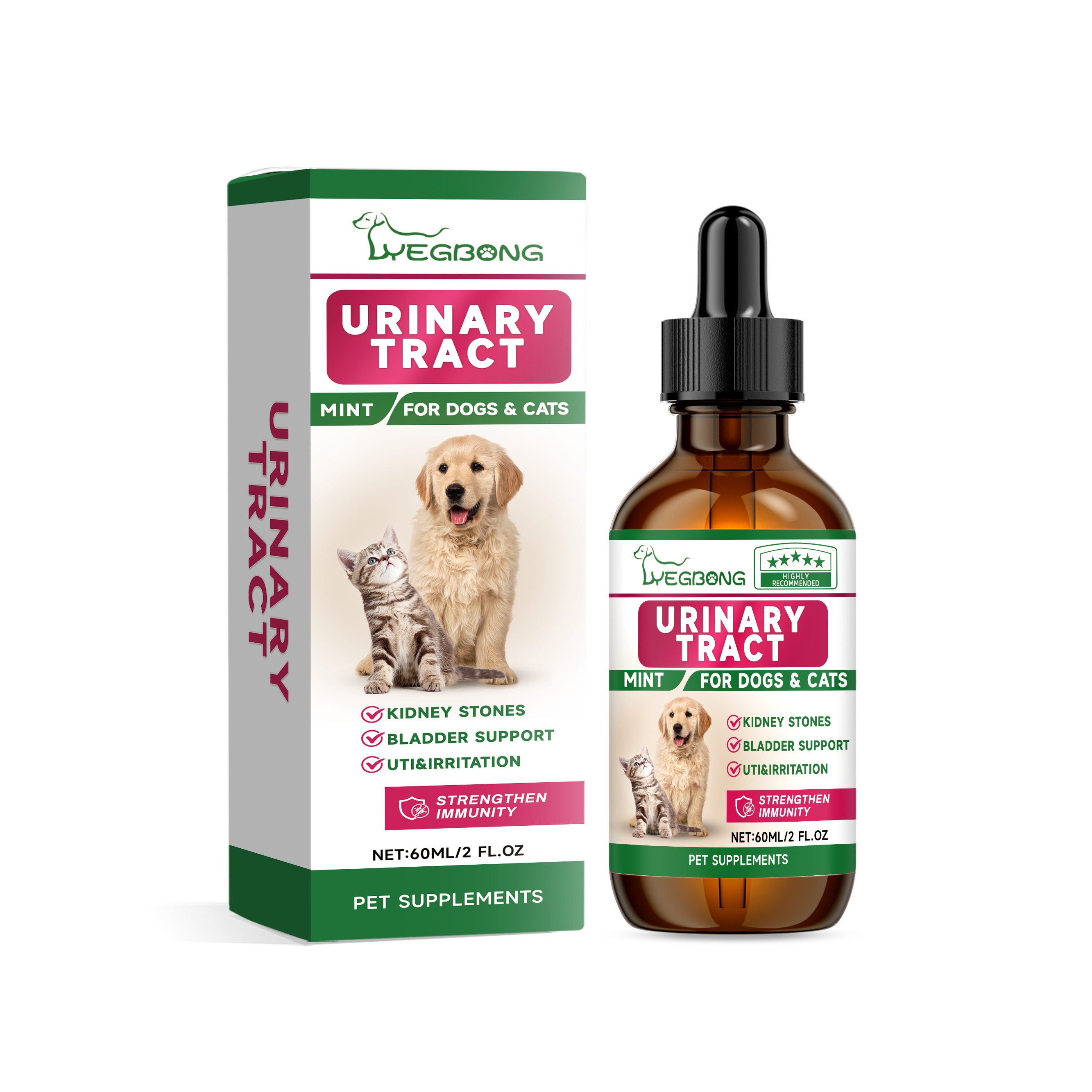 Boxed amber pet supplement with green and pink label