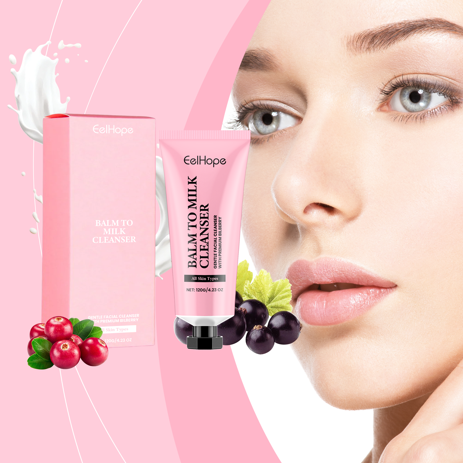 Blueberries beside soft pink facial cleanser packaging