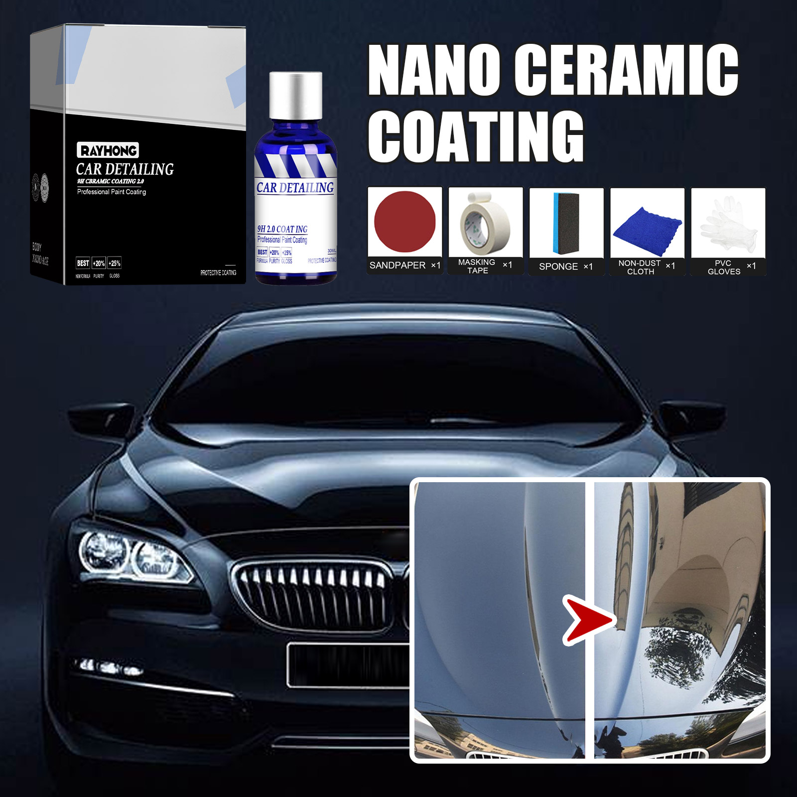 Reflective sedan paint beside coating kit