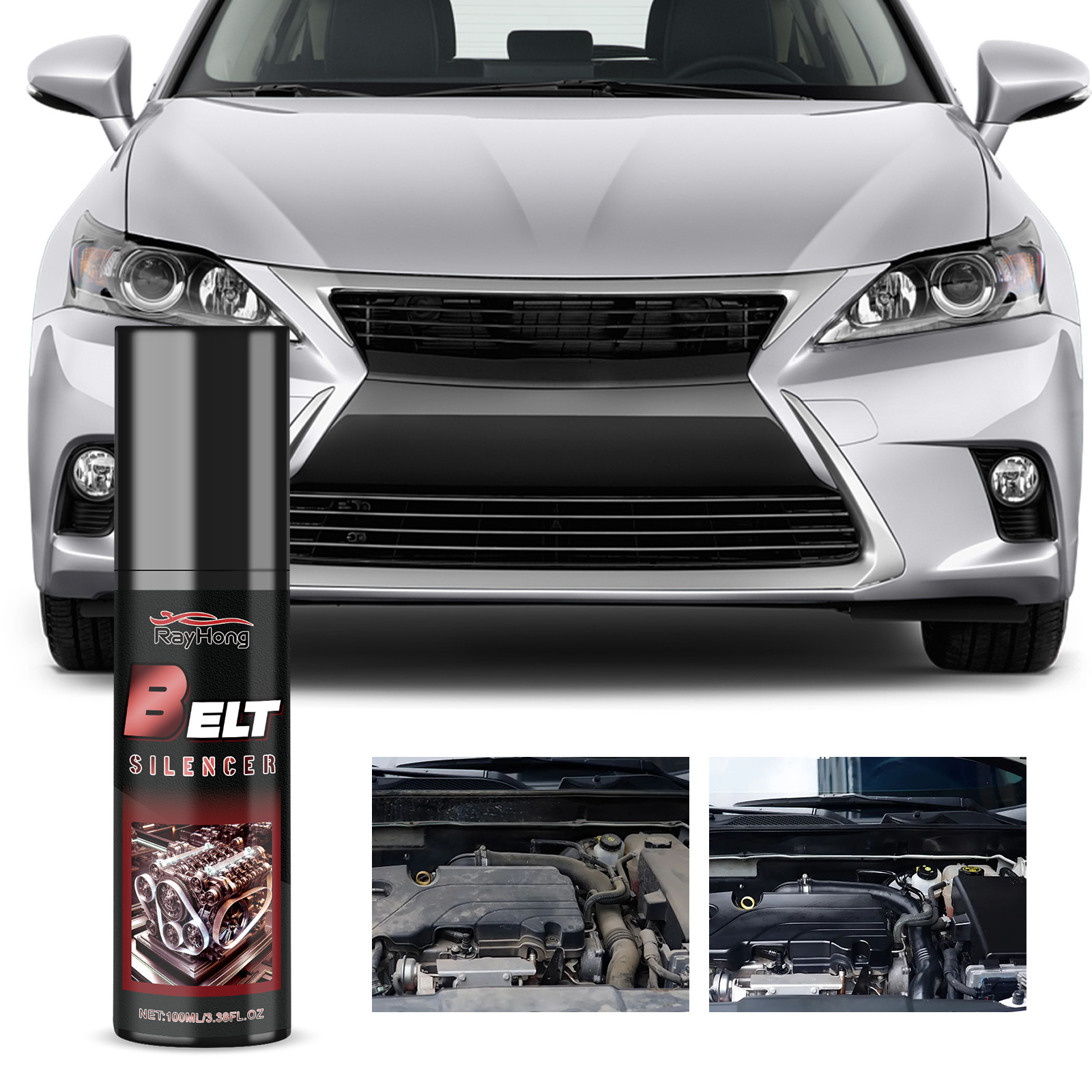 Belt Silencer shown beside automobile engine bay
