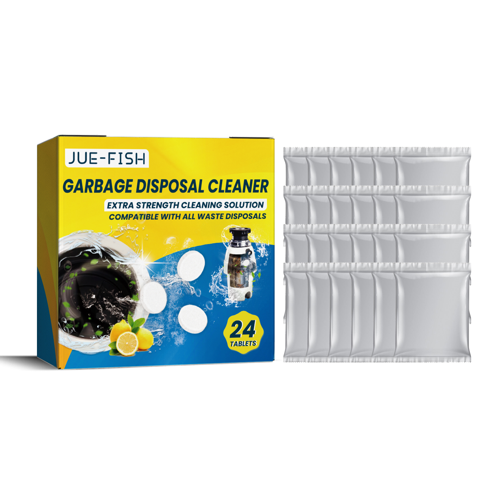 Bright yellow product box with 24 tablets and lemon imagery, stacked with foil sachets