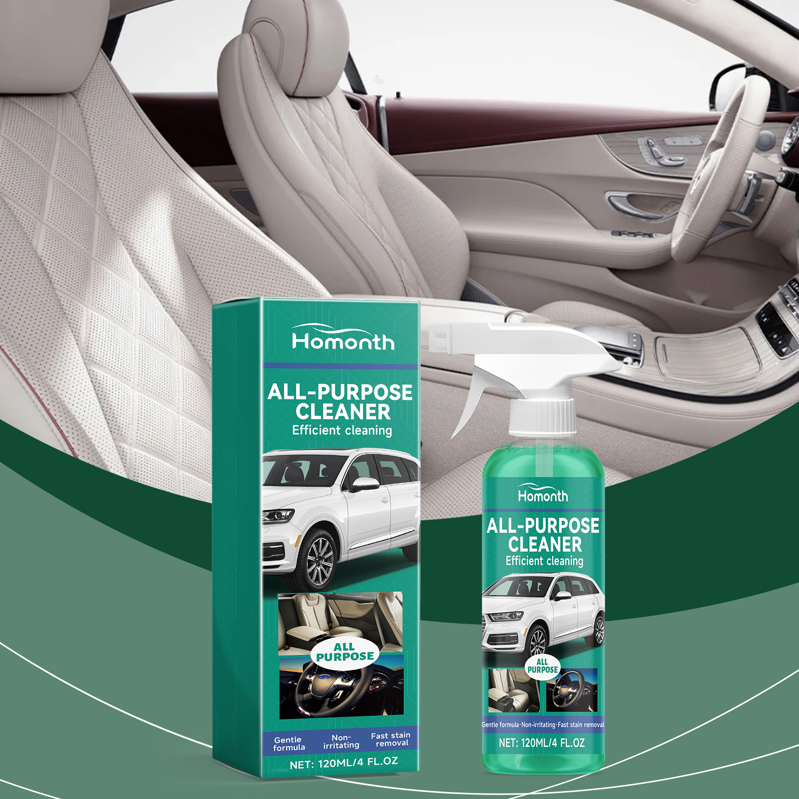 Automotive cleaner positioned beside bright car interior