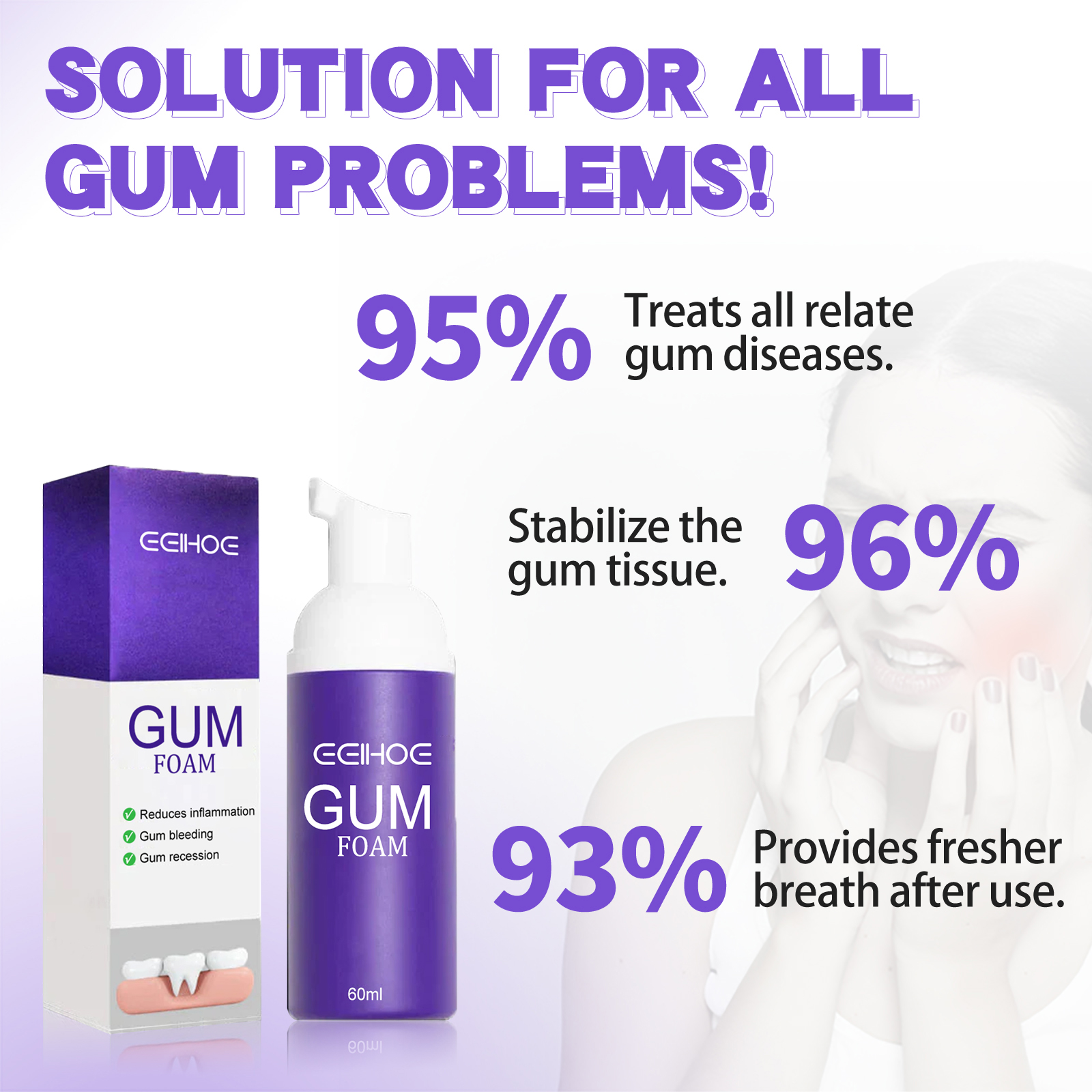 Foaming gum care product with benefit claims