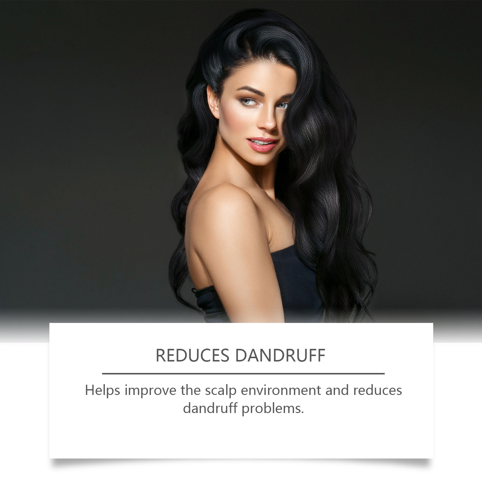 Dark voluminous hair beside scalp care message