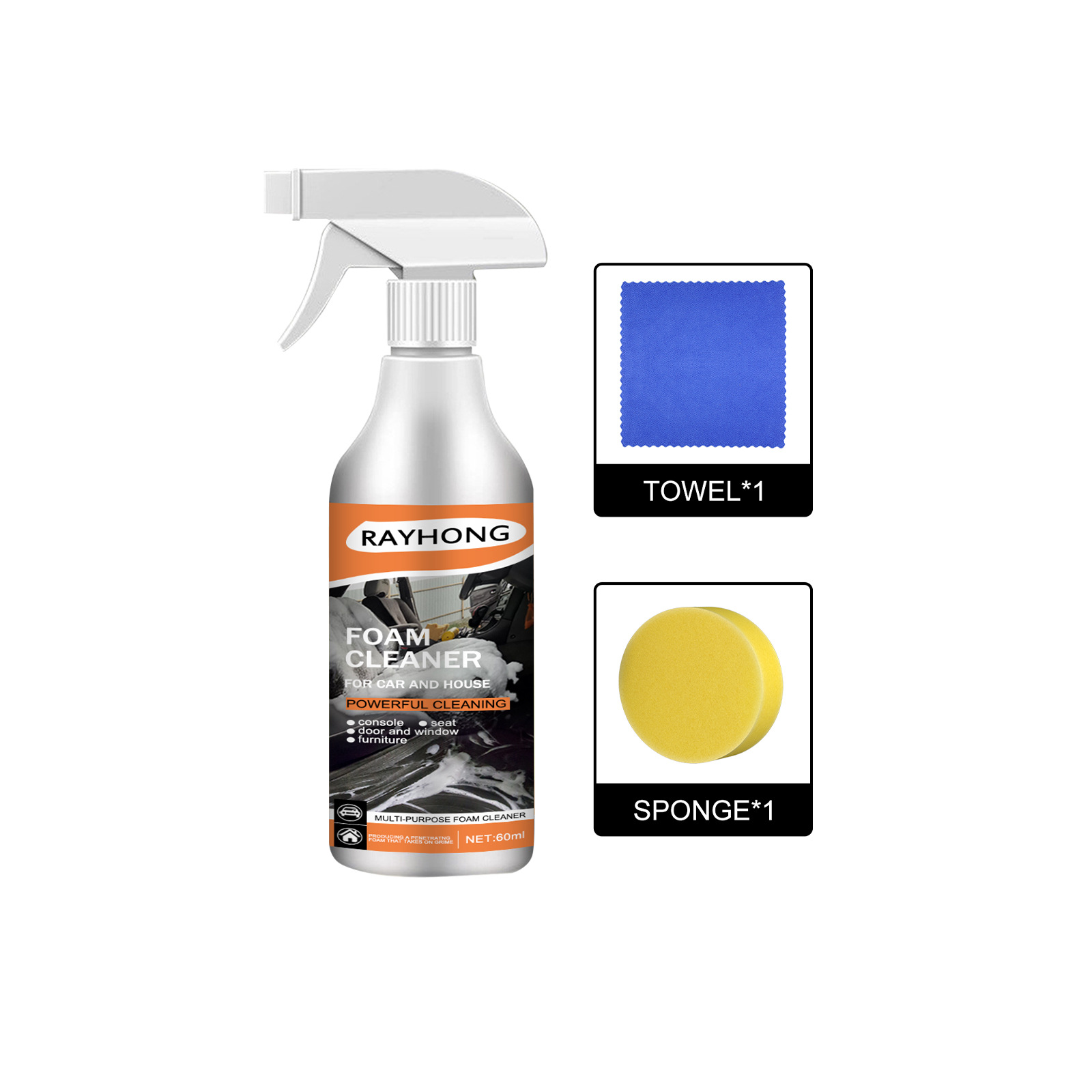 Compact Rayhong cleaner bottle with sponge and towel