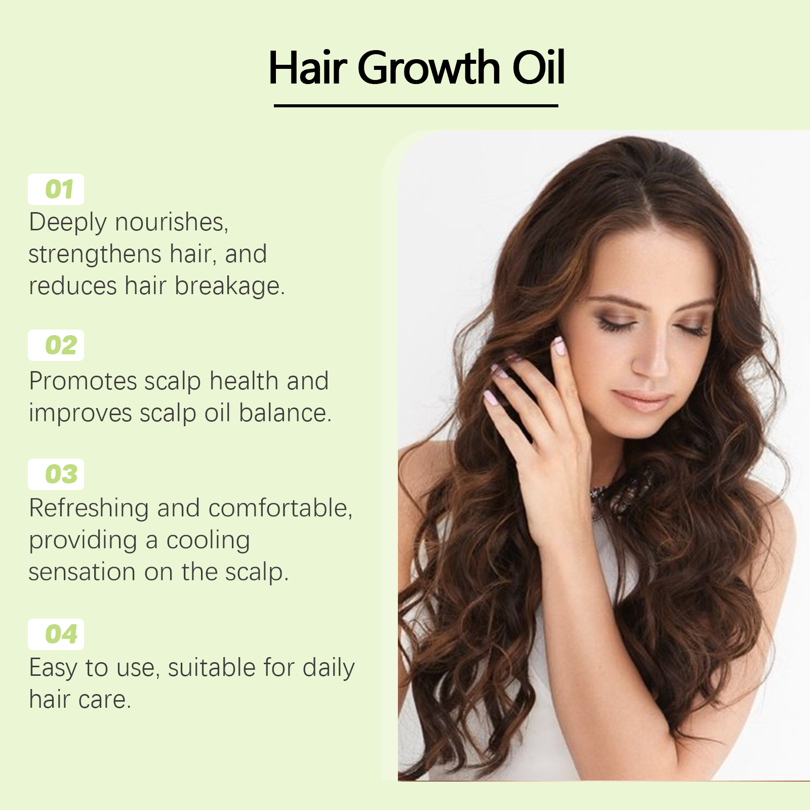 Hair growth oil benefits graphic with smooth wavy hair