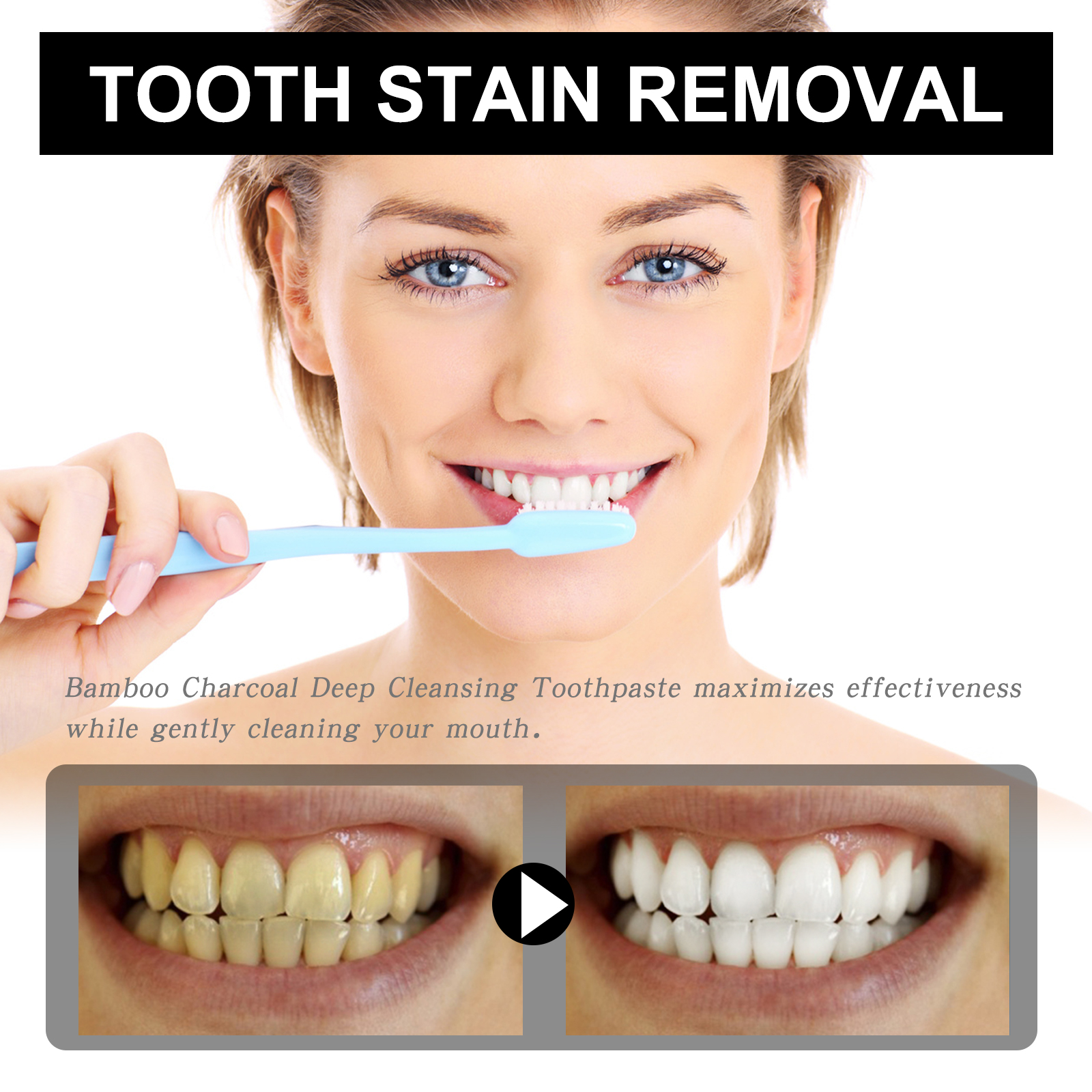 Woman brushing teeth with charcoal toothpaste for fresh breath