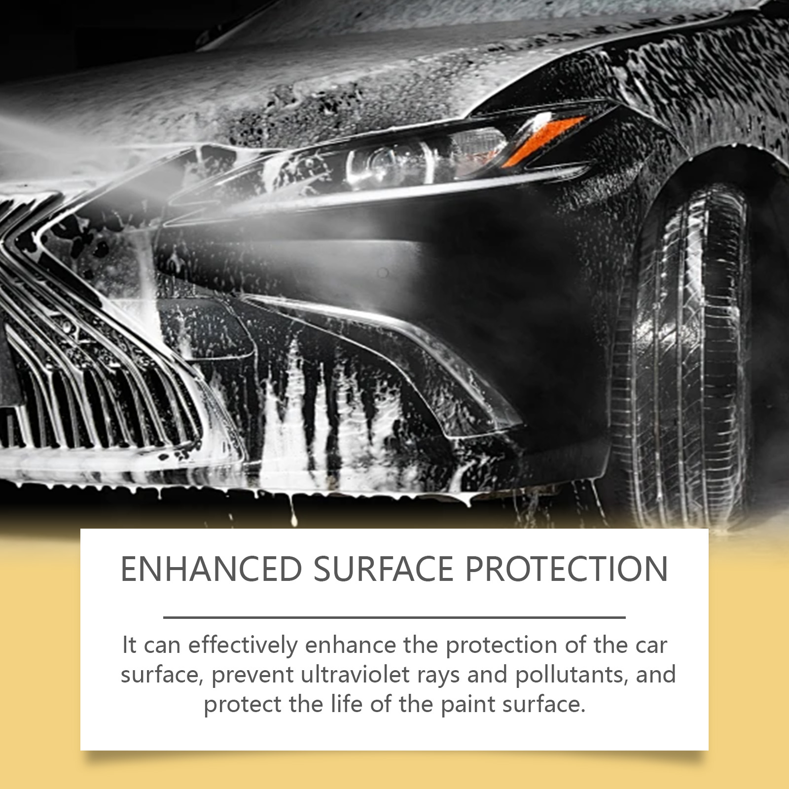 Foam covering a car surface during exterior maintenance