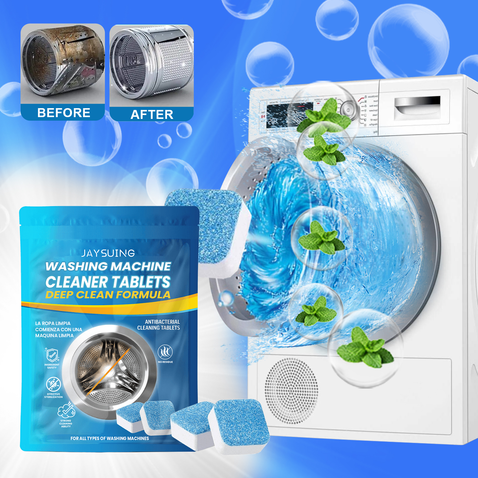 Washer drum cleaning tablets used in blue water