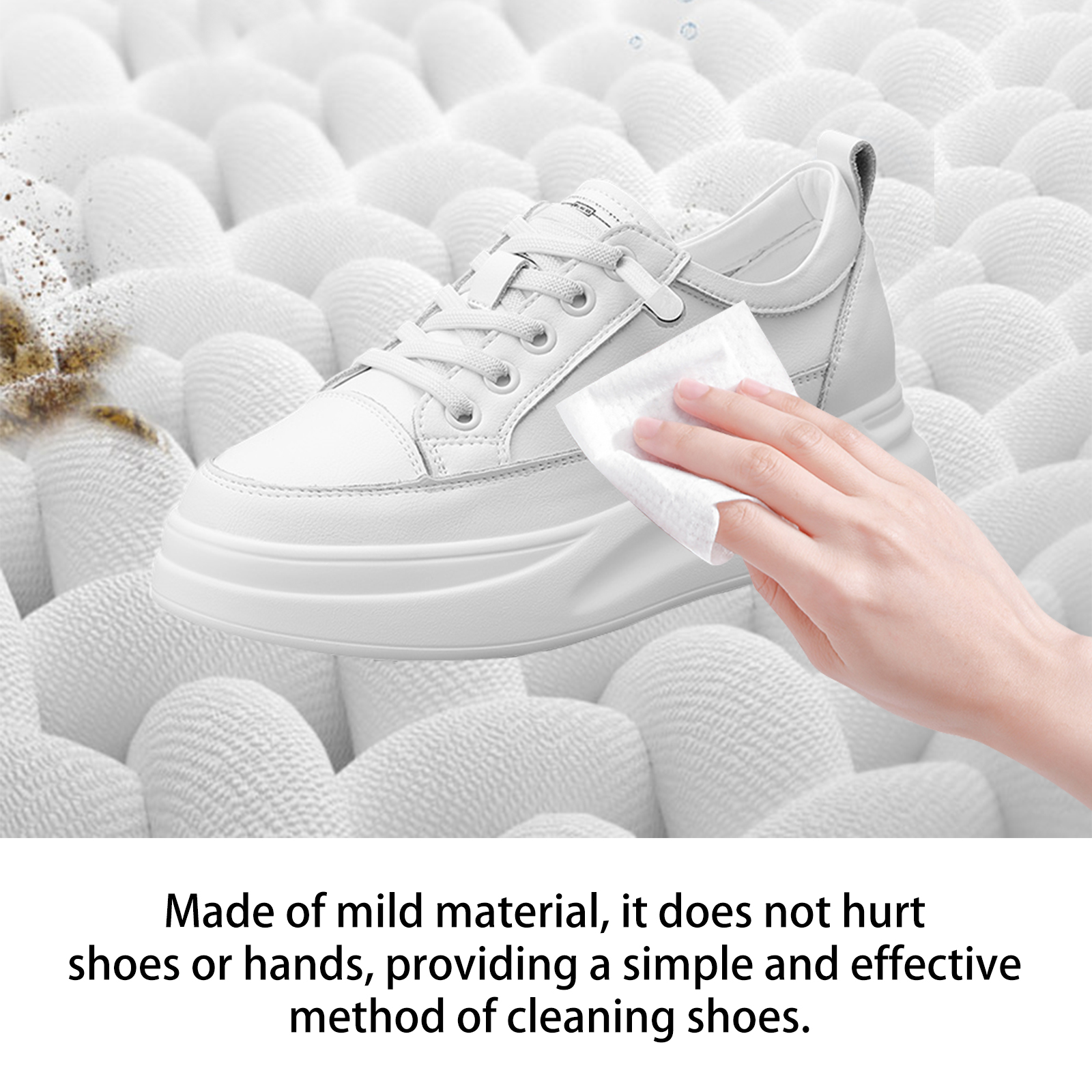 Soft white textured wipe cleaning a sneaker upper