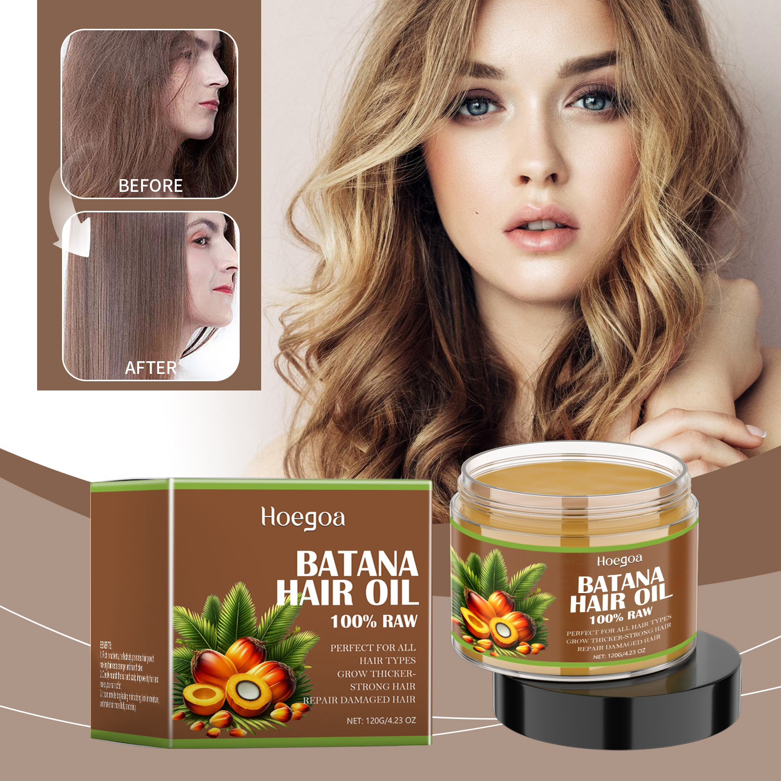 Batana oil packaging beside smoother shinier hair comparison