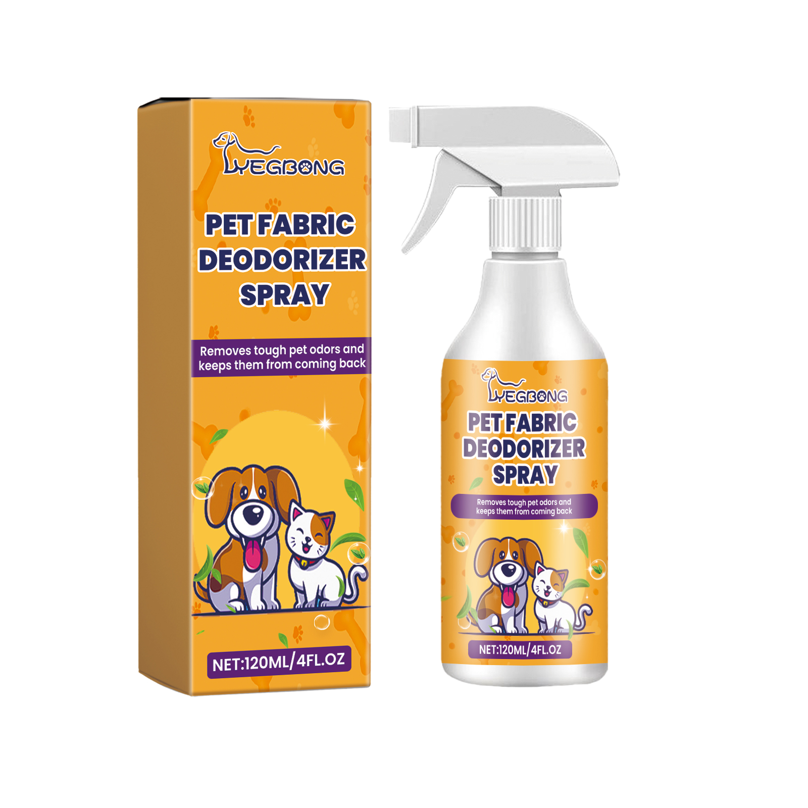 Pet deodorizer bottle and box with orange label