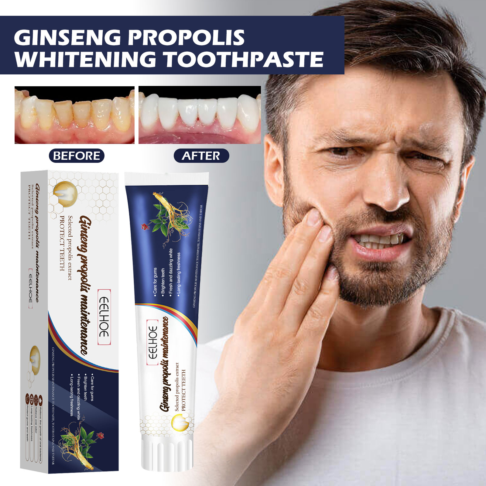 Navy botanical label with ginseng and propolis artwork