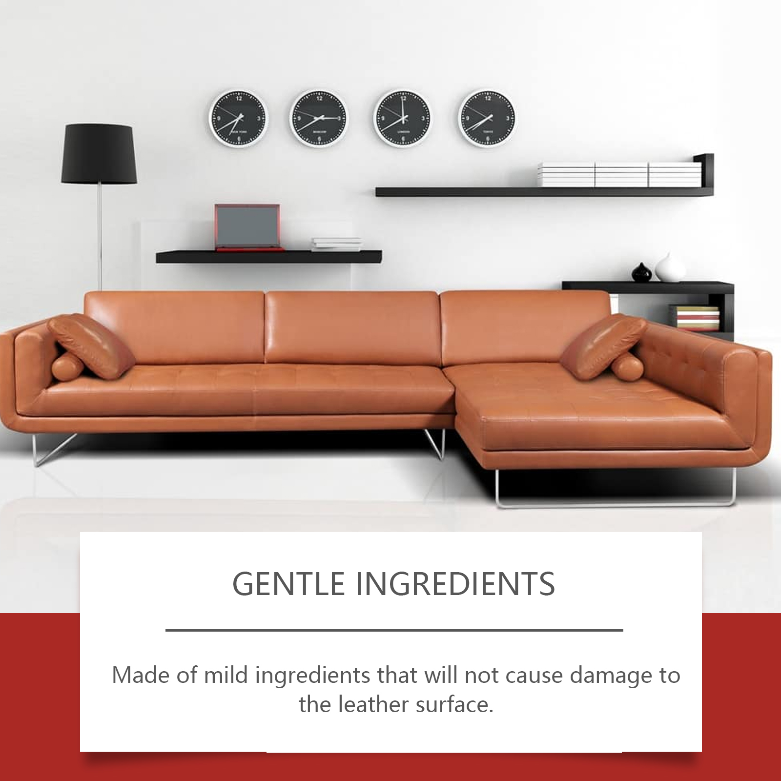 Leather conditioner beside sectional sofa