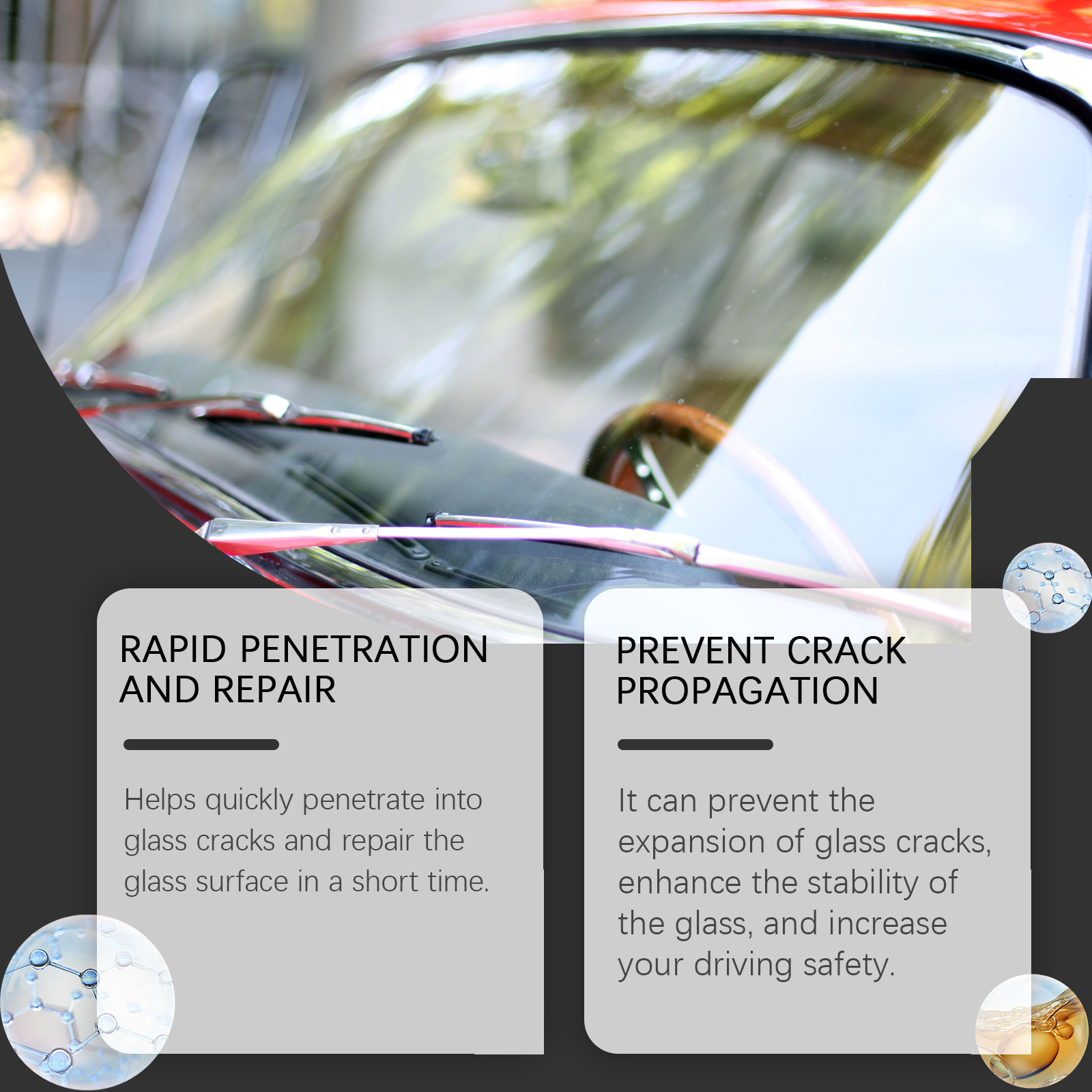 Windshield crack treatment showing liquid penetration claim