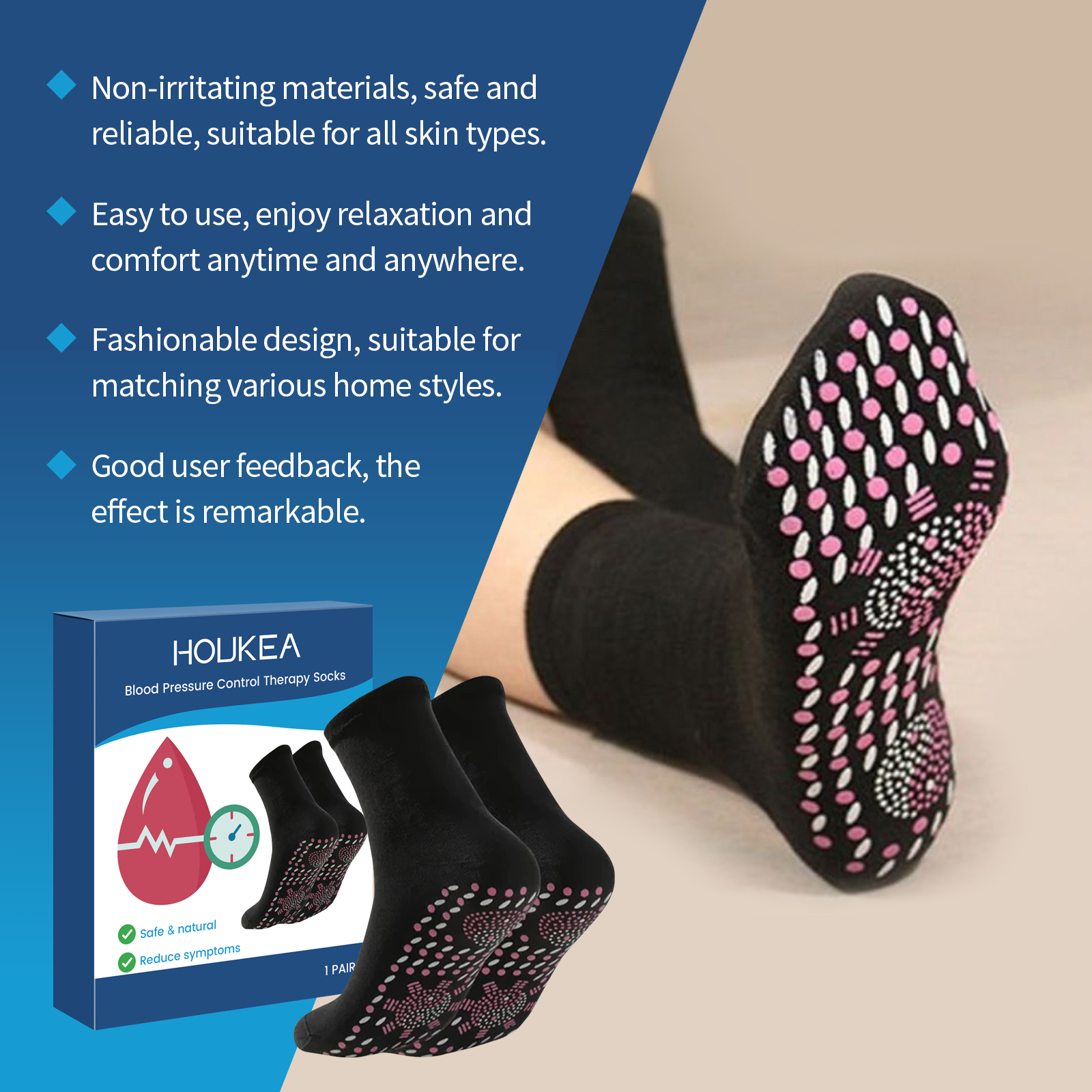 Person reclining in ankle-high therapy socks at home