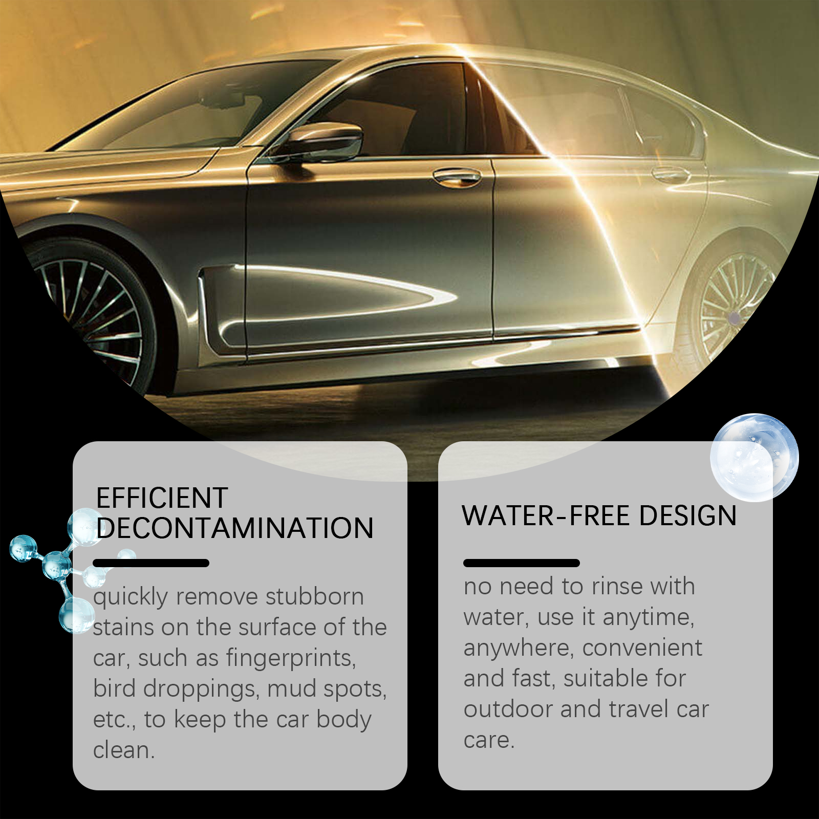 Glossy car exterior shown with surface cleaning benefits